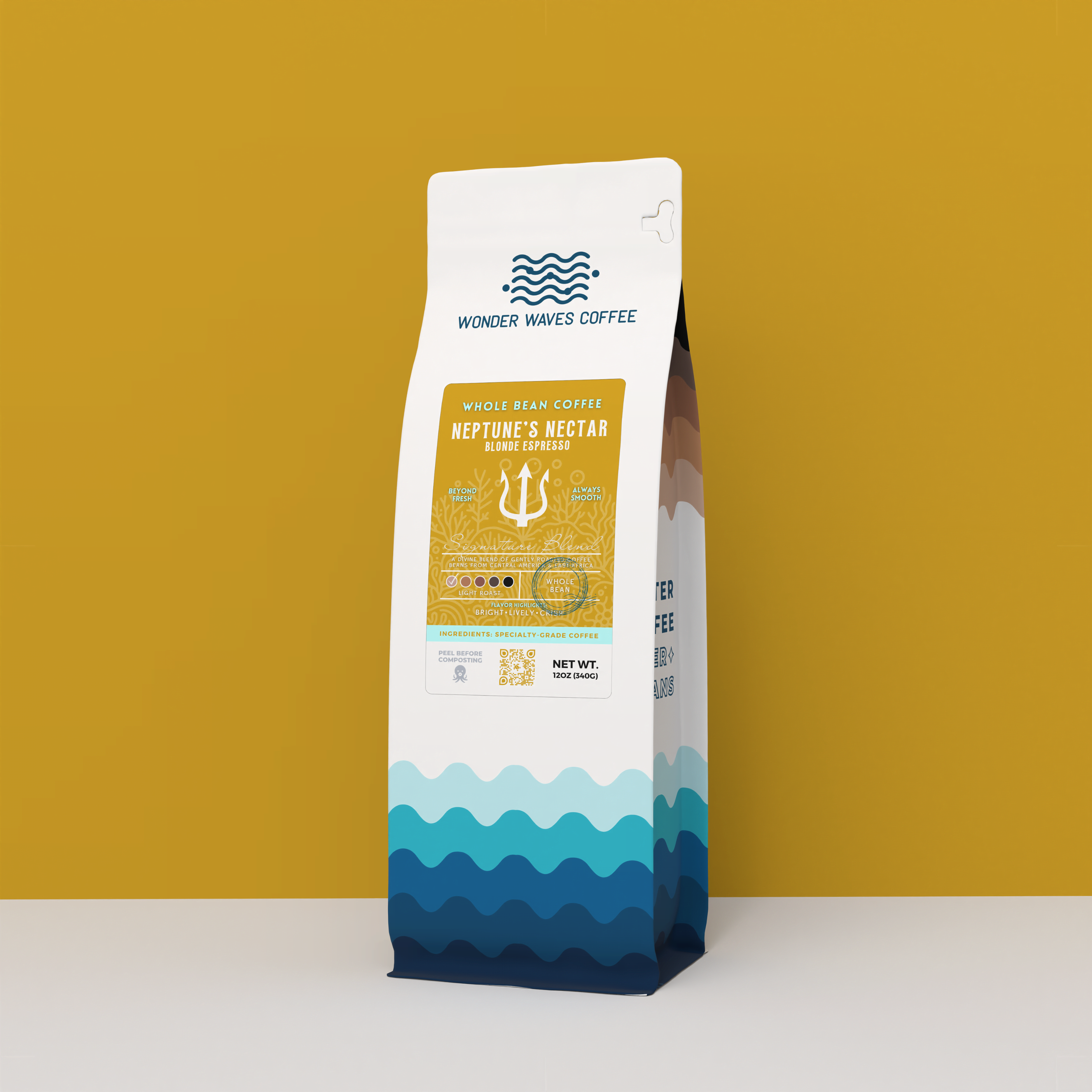 Wonder Waves Coffee Neptune’s Nectar Blonde Espresso 12oz bag with a minimalist ocean wave design and light roast flavor profile.
