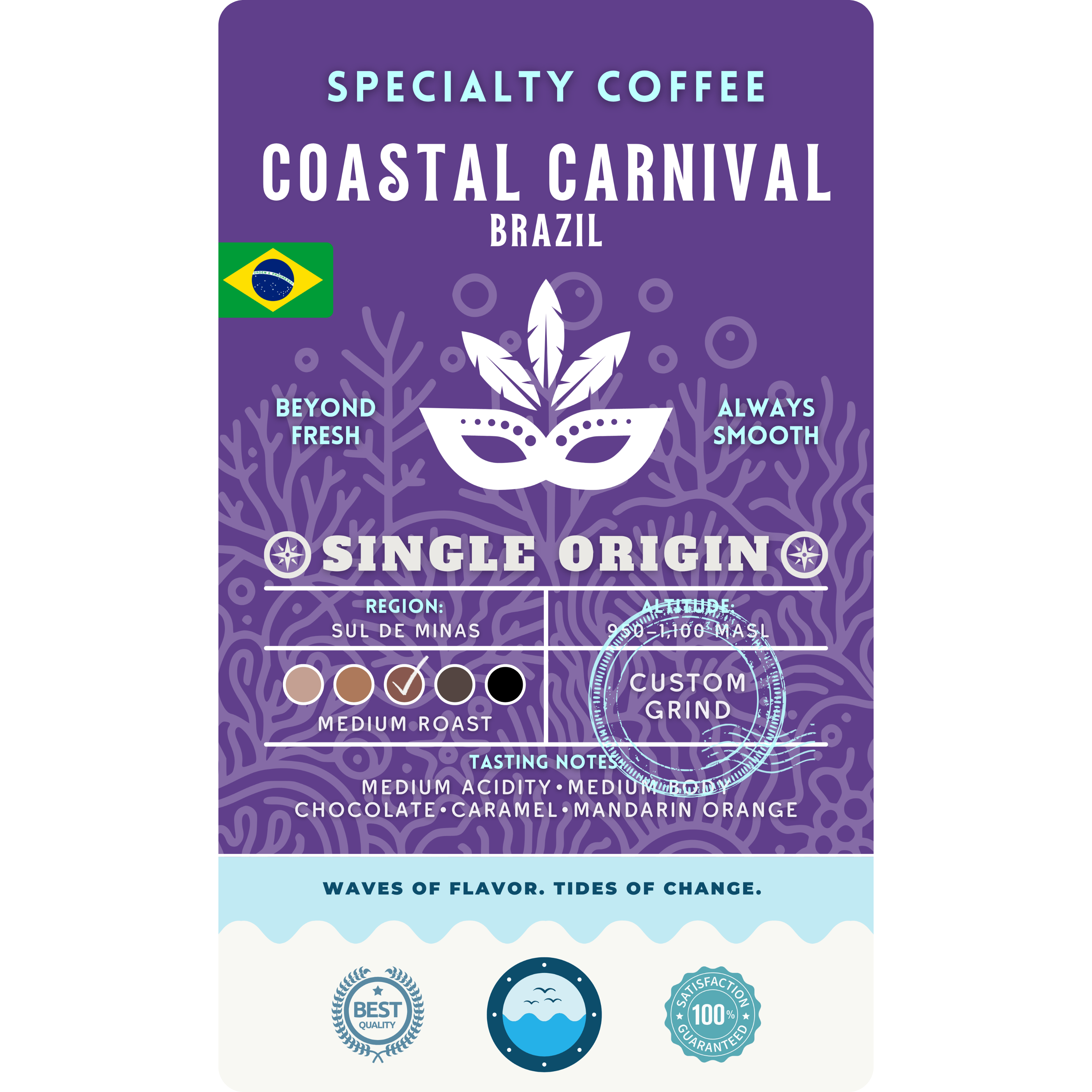 Product label for Neptune’s Nectar Blonde Espresso, a light roast signature blend of coffee beans from Central America and East Africa with bright, lively, and crisp flavor highlights.