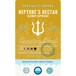 Specialty coffee label for Wonder Waves Coffee Neptune’s Nectar Blonde Espresso showing a light roast signature blend of Central American and East African beans with bright, lively flavor highlights.