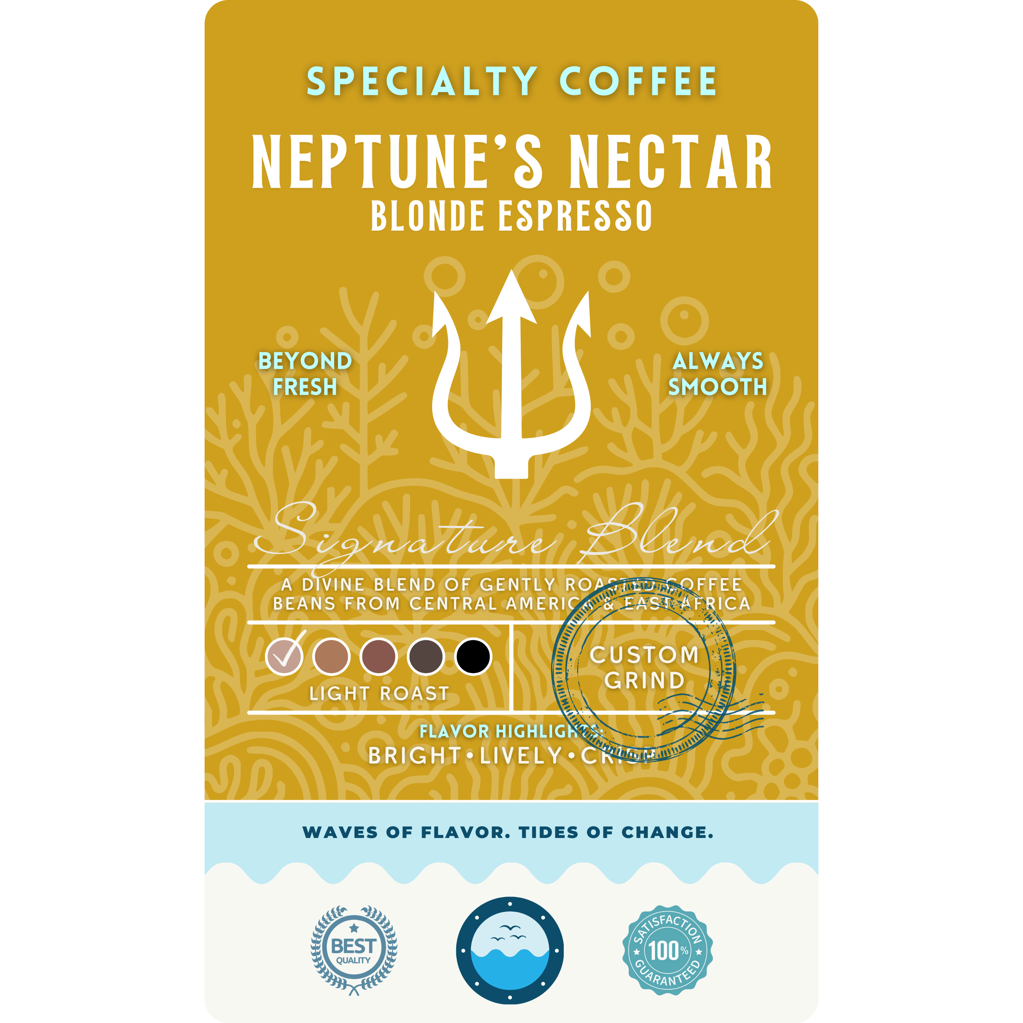 Specialty coffee label for Wonder Waves Coffee Neptune’s Nectar Blonde Espresso showing a light roast signature blend of Central American and East African beans with bright, lively flavor highlights.