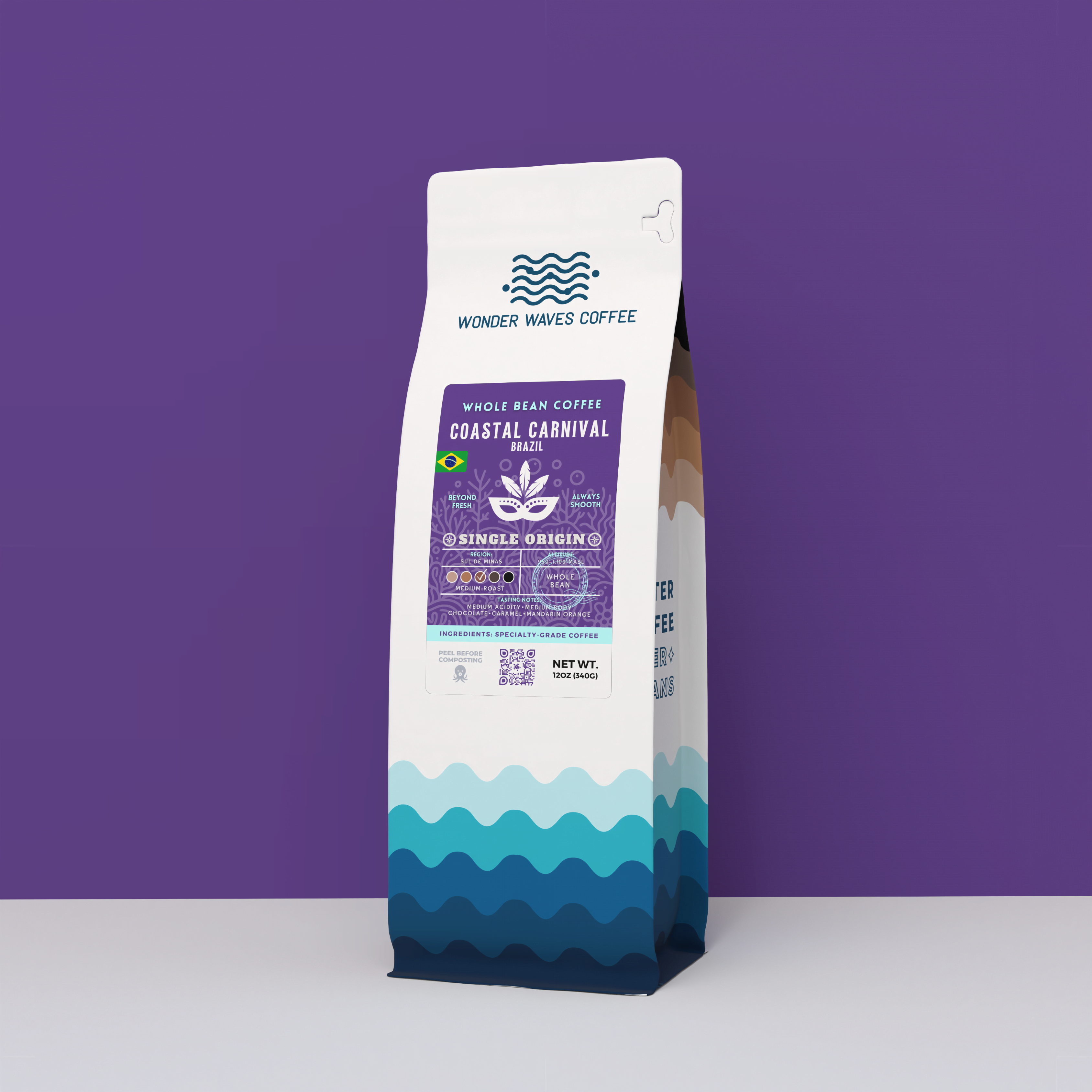 Wonder Waves Coffee Neptune’s Nectar 12oz bag, a blonde espresso light roast featuring a golden yellow ocean design and trident icon.