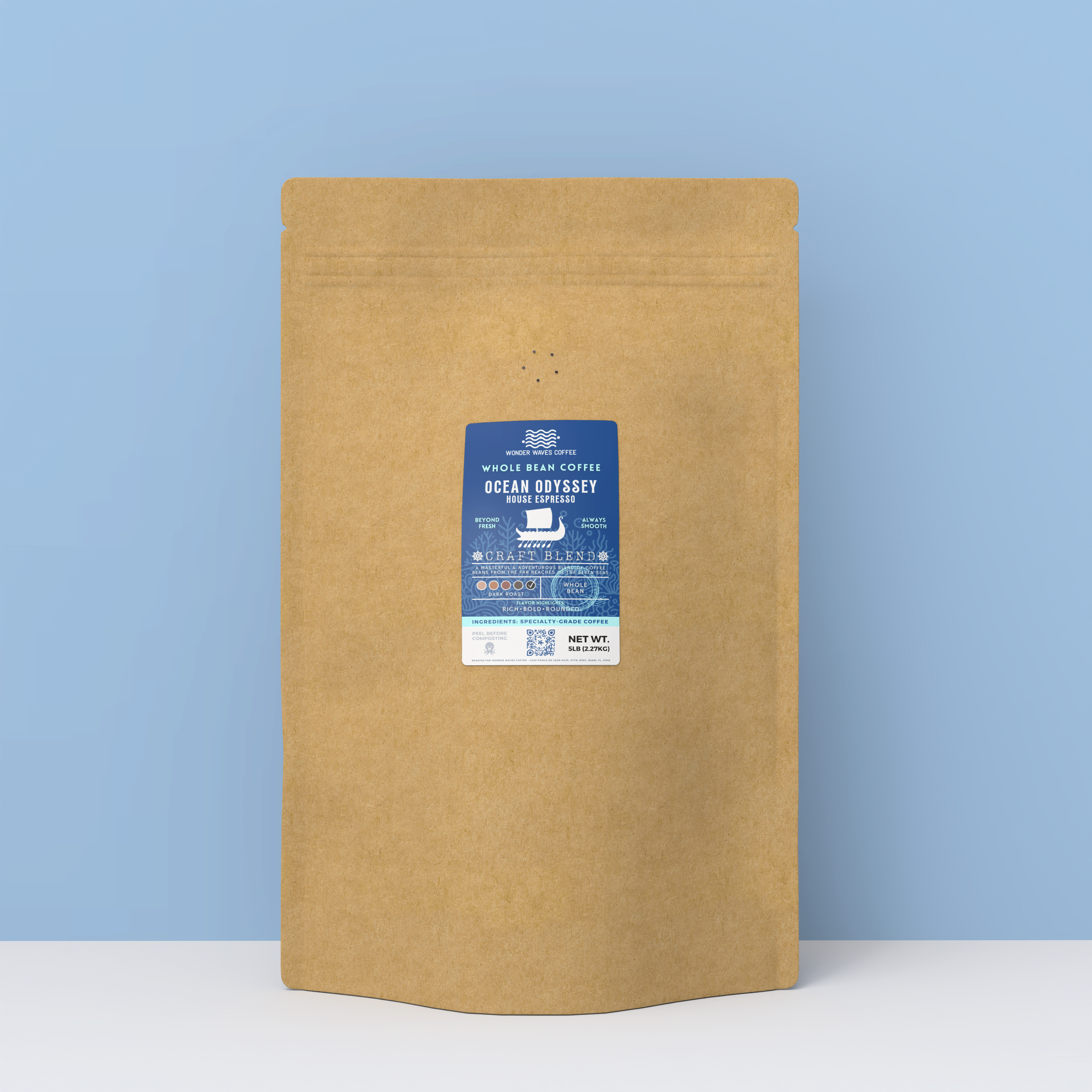 A large 5-pound bulk bag of Wonder Waves Ocean Odyssey House Espresso craft blend on a clean white and blue studio background.