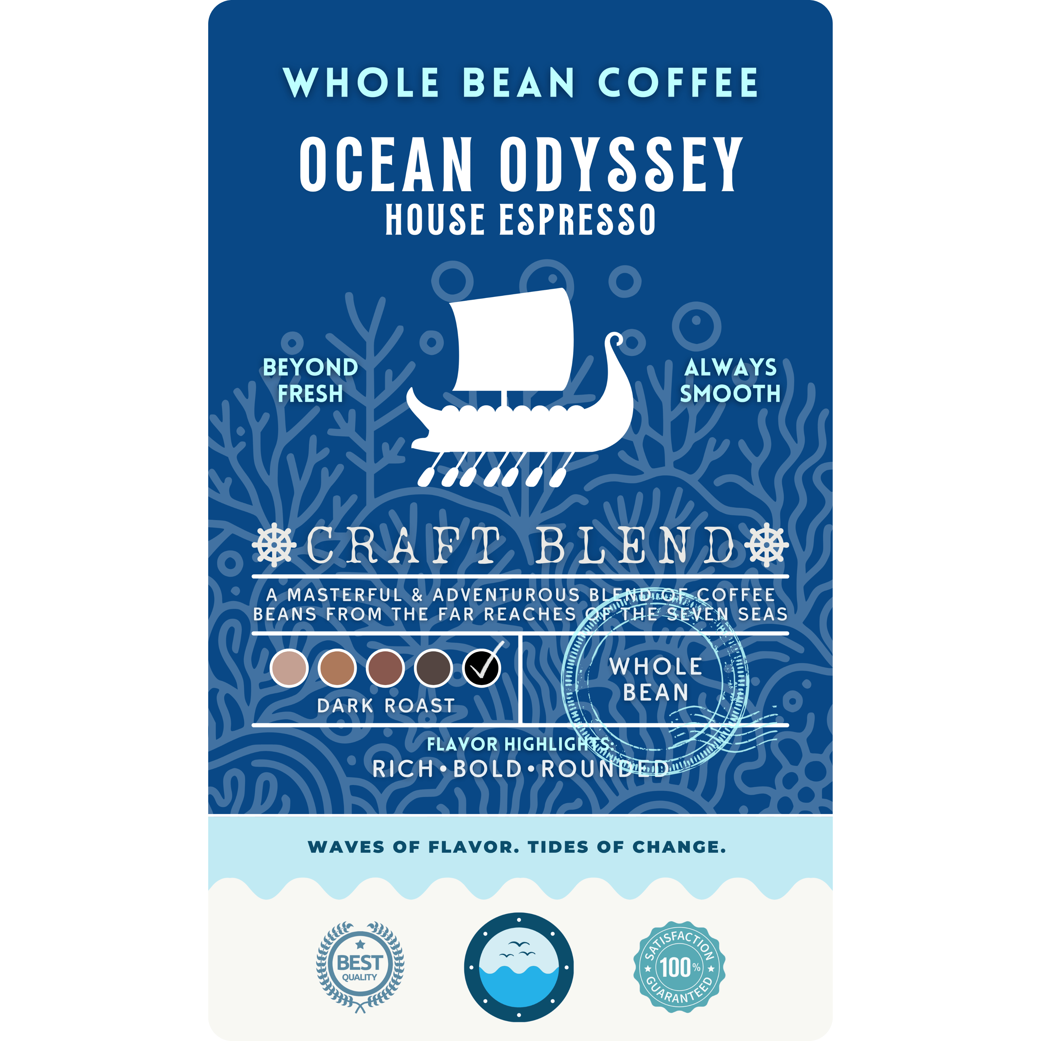 Coffee label for "Ocean Odyssey" House Espresso, a dark roast whole bean craft blend. The label features a white Viking ship illustration on a navy blue coral background. Flavor highlights are listed as rich, bold, and rounded.