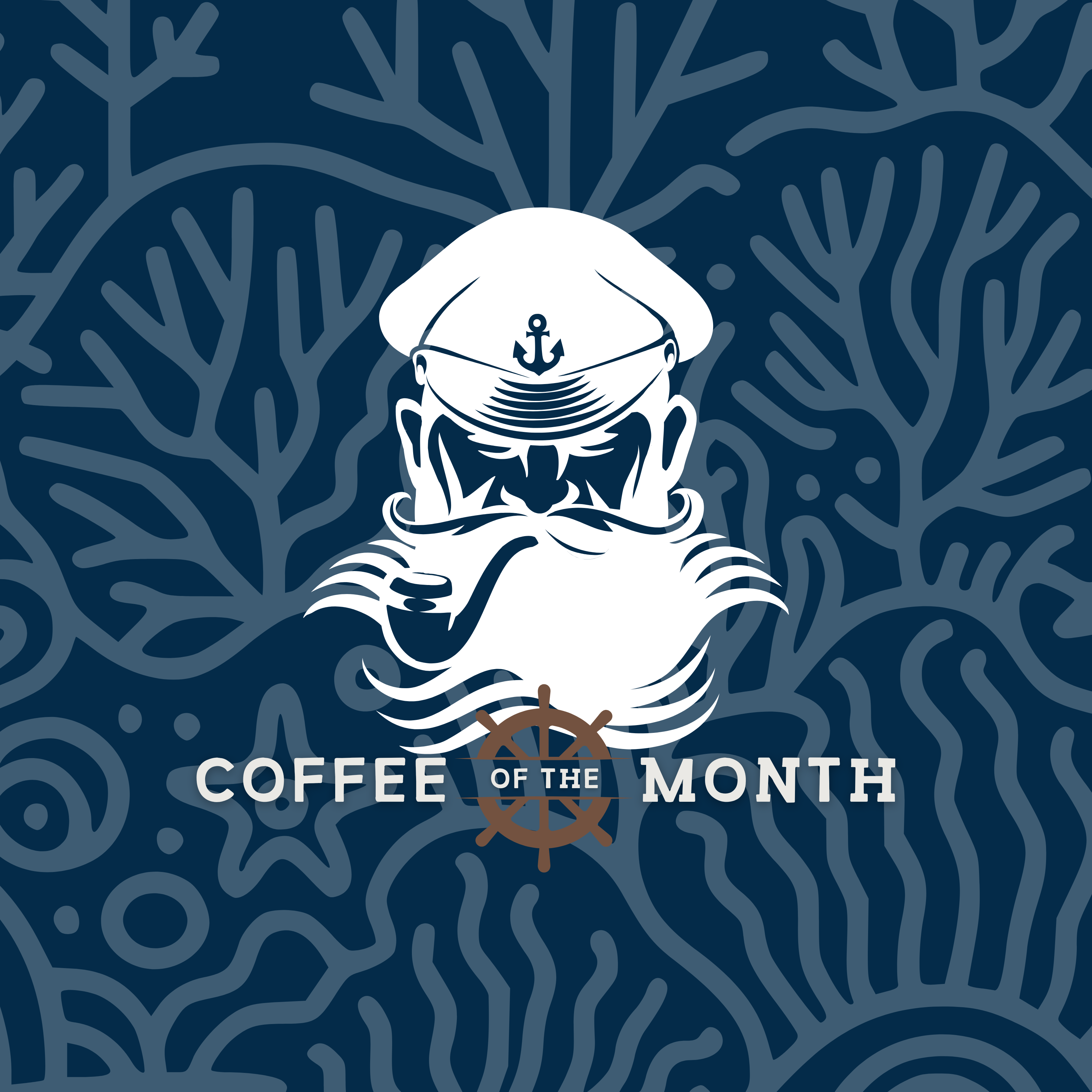 Cover image for the Wonder Waves Coffee of the Month subscription. Featuring a stylized white illustration of a sea captain with a beard and pipe, set against a dark navy blue coral reef pattern. A wooden ship's wheel sits between the words "COFFEE OF THE MONTH."