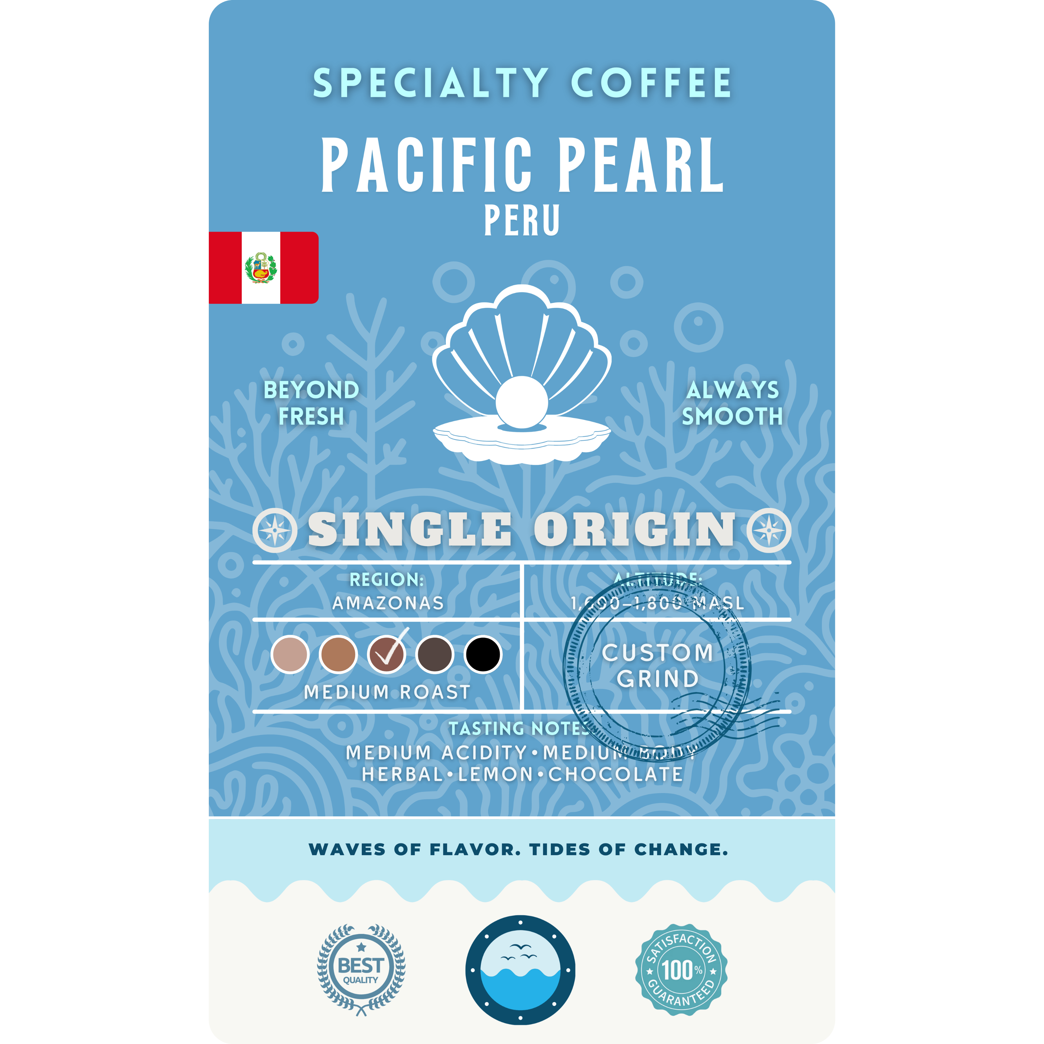 Detailed product label for Wonder Waves Coffee Pacific Pearl Peru specialty coffee. The label indicates a medium roast with tasting notes of herbal, lemon, and chocolate. It includes the Peru flag, an altitude range of 1,500 to 1,800 MASL, and a 100% satisfaction guarantee seal.