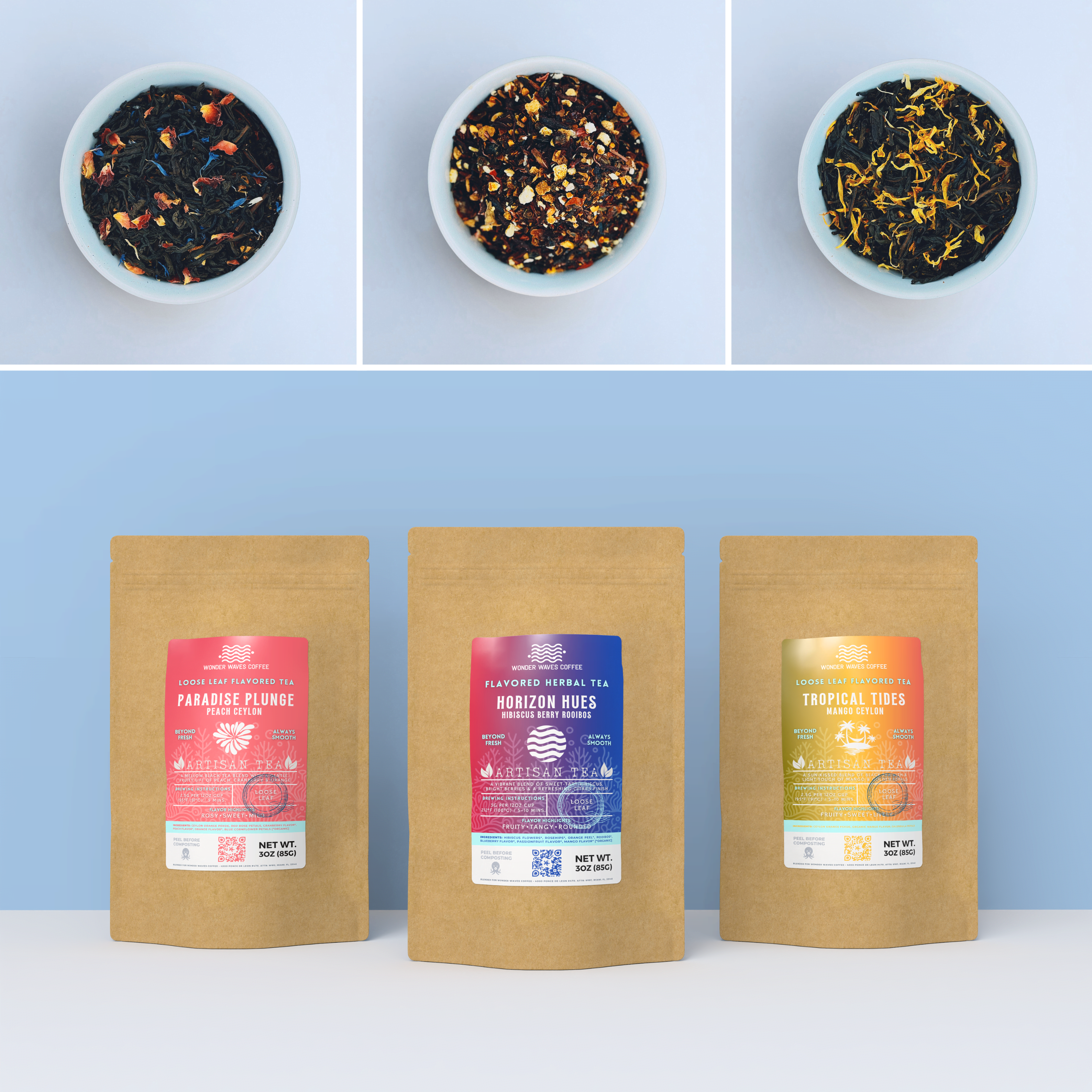 Wonder Waves Coffee Caffeine-Free Sunset Trio 3-Pack: paradise plunge peach Ceylon, horizon hues hibiscus berry rooibos, and tropical tides mango Ceylon flavored artisan herbal tea bags with open bowls of fruit tea leaves against a light blue background.