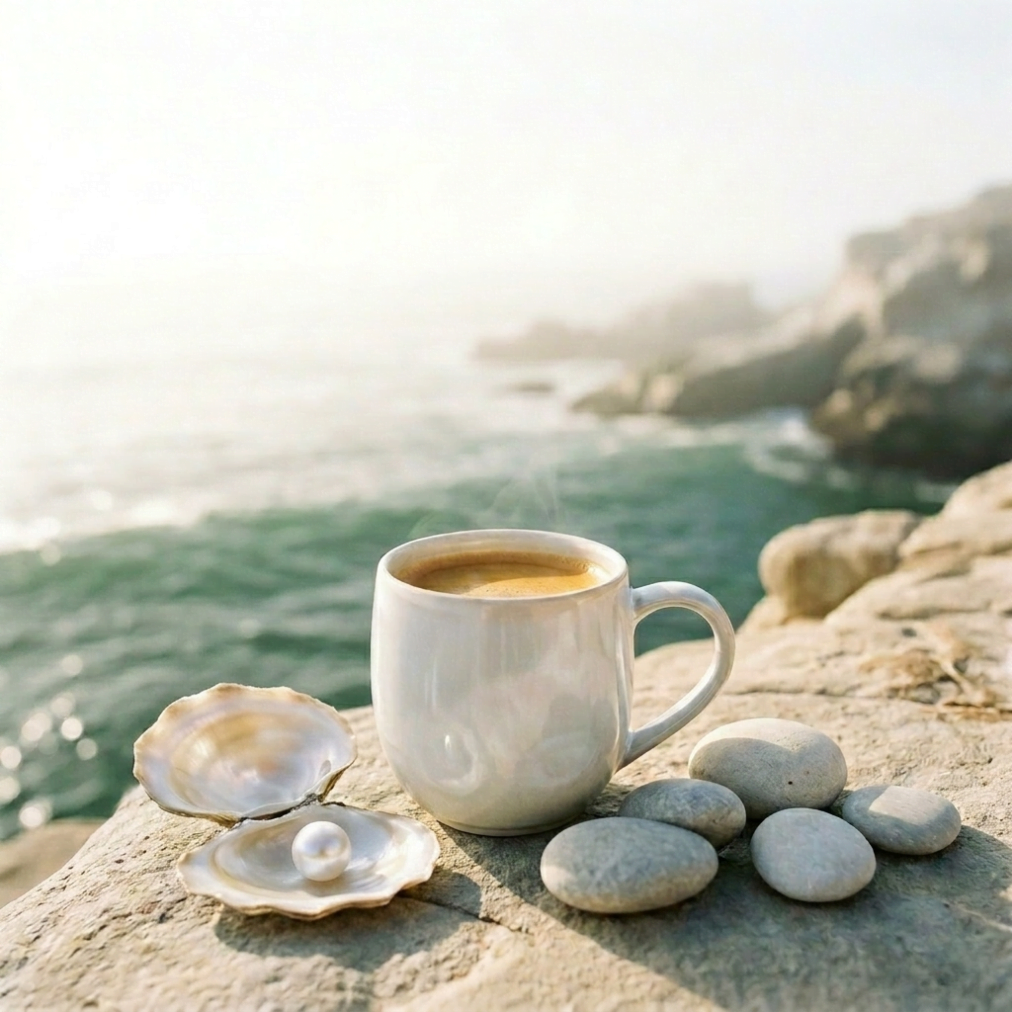 Coffee in a ceramic mug on ocean rocks beside a seashell with a pearl, highlighting the smooth, clean and refined profile of Wonder Waves Coffee Pacific Pearl Peruvian coffee.