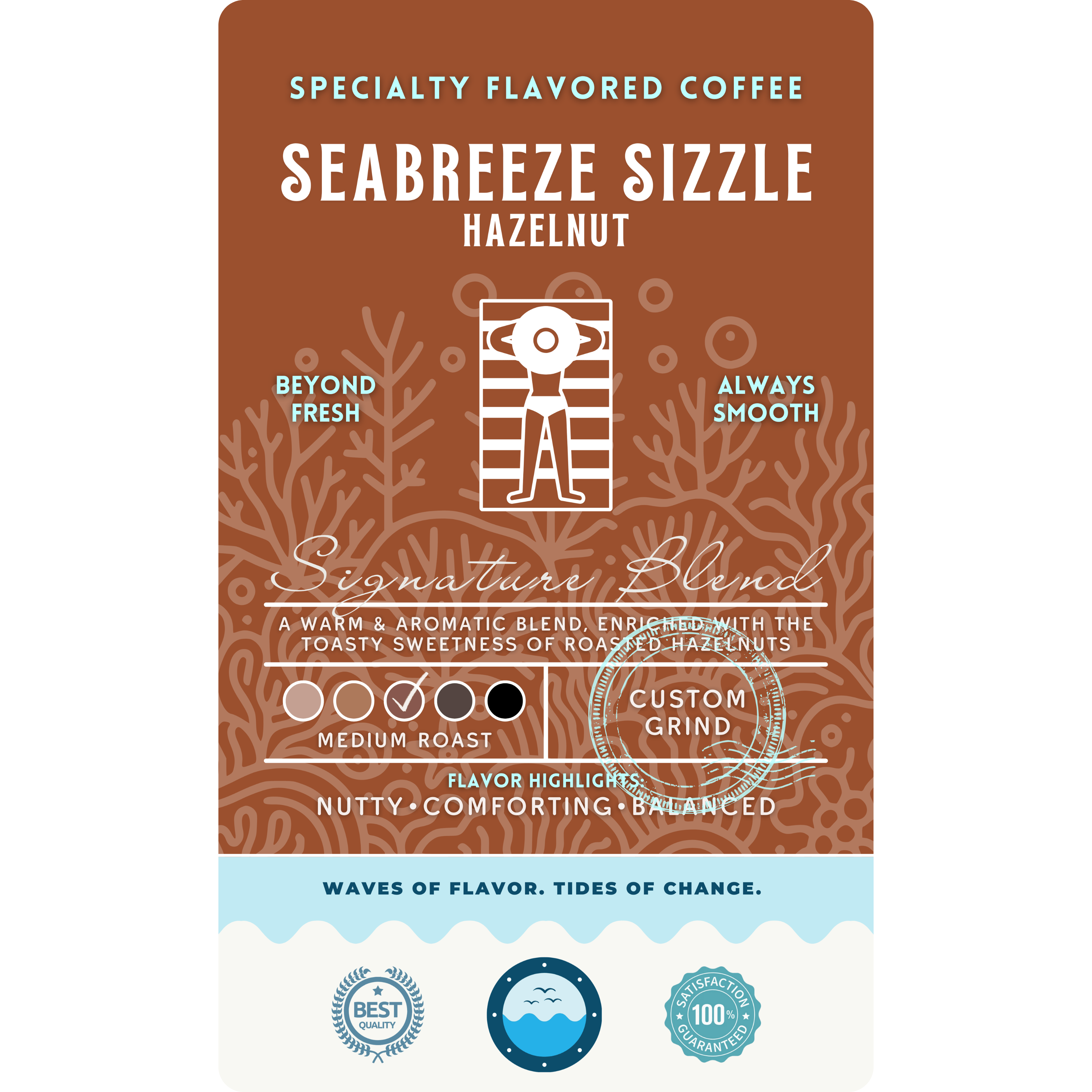 Product label for Wonder Waves Coffee Seabreeze Sizzle Hazelnut specialty flavored coffee, a warm and aromatic medium roast blend with toasty sweetness and nutty, balanced flavor highlights.