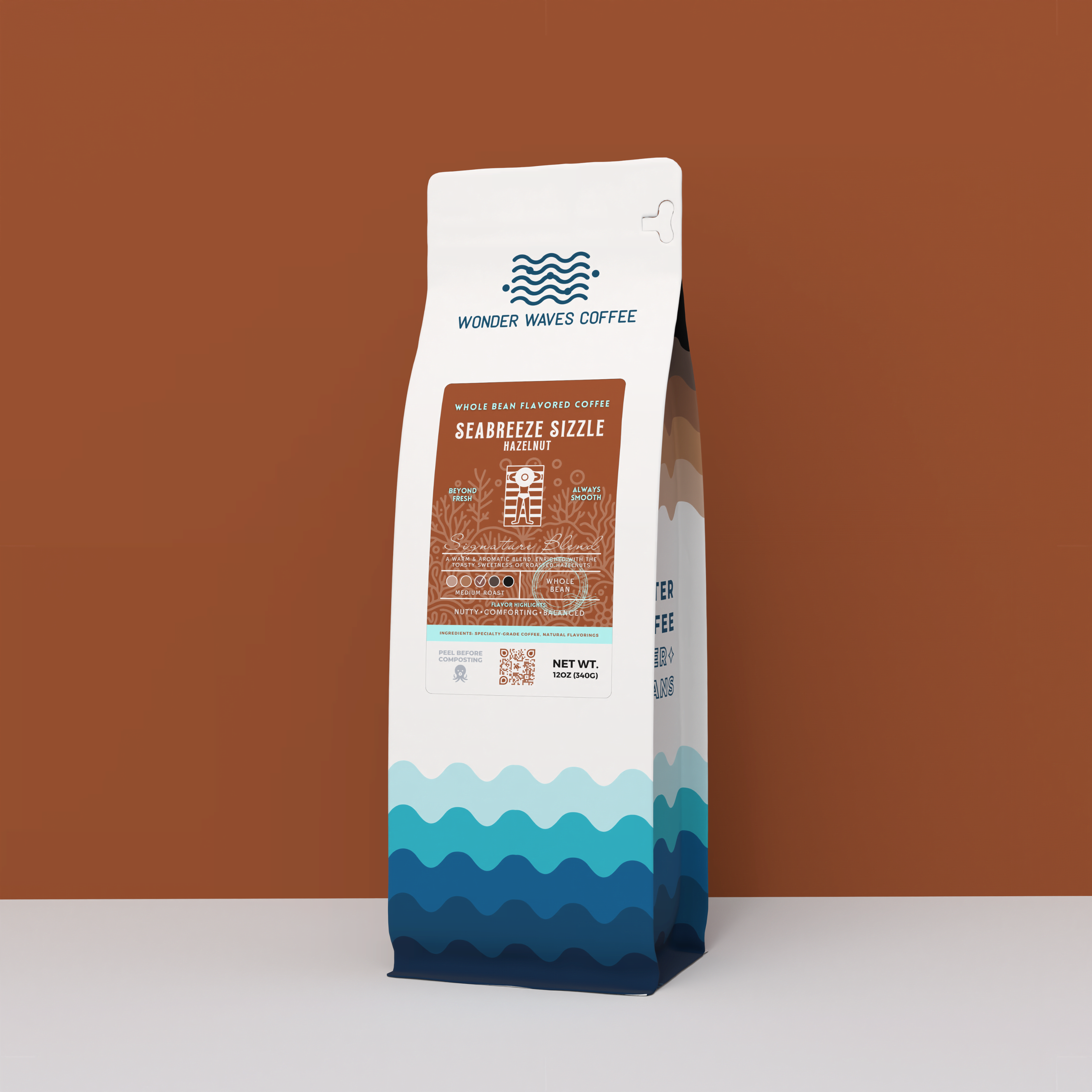 Wonder Waves Coffee Seabreeze Sizzle Hazelnut flavored coffee 12oz bag with a terracotta and ocean wave design featuring a sunbather icon.