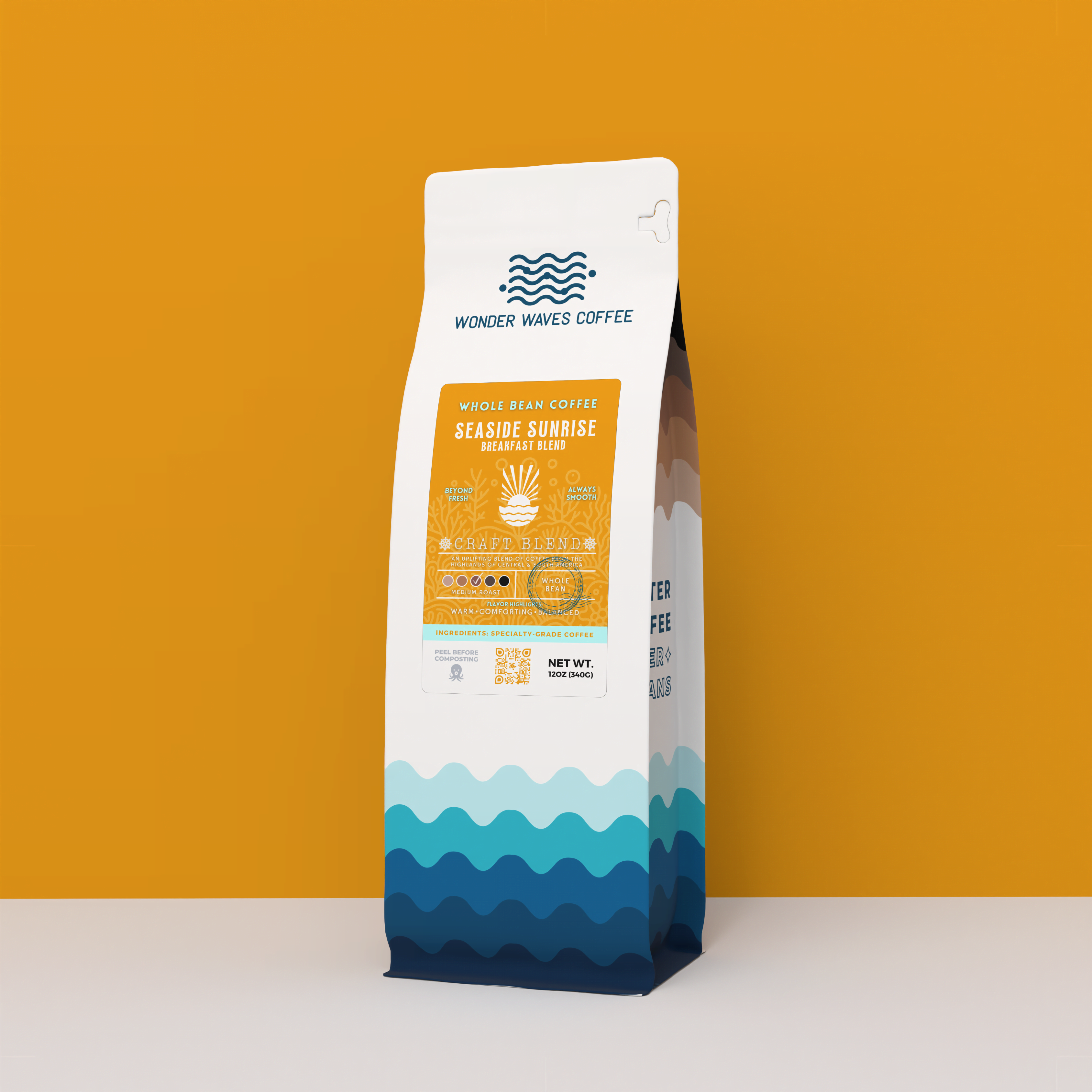 A 12-ounce bag of Wonder Waves Coffee Seaside Sunrise Breakfast Blend specialty coffee. The white and blue wave-patterned bag is centered against a vibrant orange background, highlighting the medium roast whole bean coffee from Central and South America.