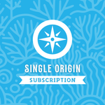 Cover image for the "Single Origin" coffee subscription plan. The design features a white compass rose icon inside a circle, set against a bright blue coral-themed background. The text "SINGLE ORIGIN" appears above a white ribbon banner that says "SUBSCRIPTION."