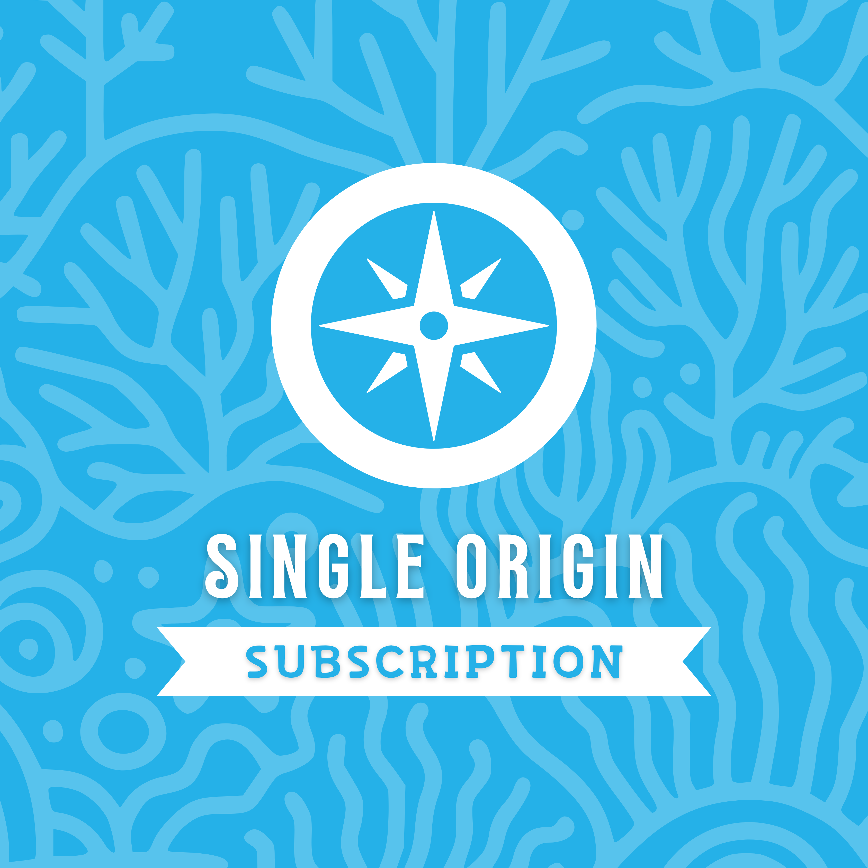 Cover image for the "Single Origin" coffee subscription plan. The design features a white compass rose icon inside a circle, set against a bright blue coral-themed background. The text "SINGLE ORIGIN" appears above a white ribbon banner that says "SUBSCRIPTION."