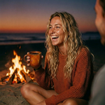 Woman enjoying s’mores flavored coffee by a beach bonfire at sunset, capturing the warm, nostalgic and indulgent character of Wonder Waves Coffee Bonfire Bay flavored coffee.