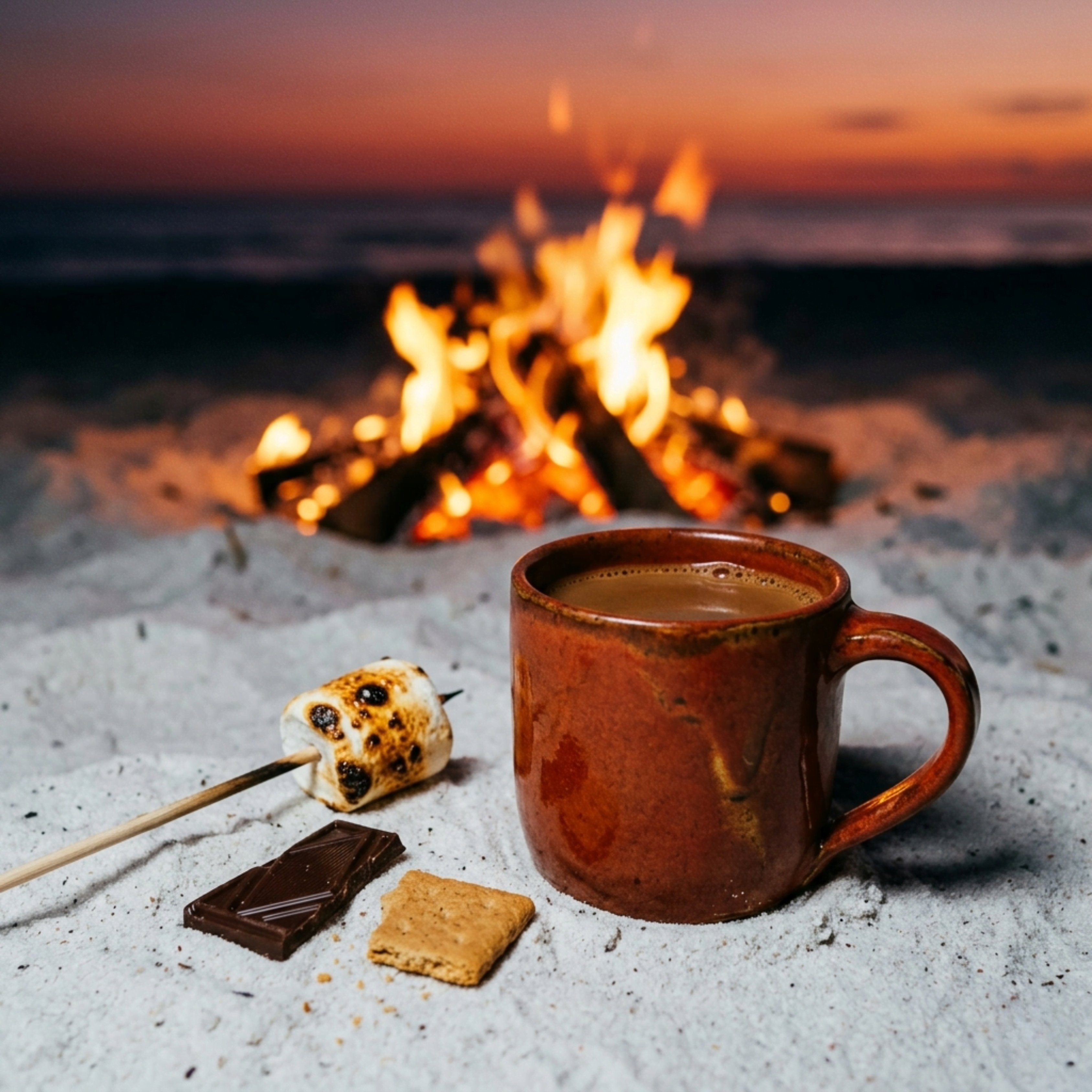S’mores flavored coffee in a ceramic mug beside a beach campfire with toasted marshmallow and chocolate, evoking the rich, cozy and nostalgic profile of Wonder Waves Coffee Bonfire Bay coffee.