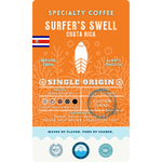 Product label for Wonder Waves Coffee Surfer's Swell Costa Rica Single Origin coffee from the Pérez Zeledón region. Altitude 1,400–1,900 MASL with tasting notes of brown sugar, stone fruit, and brown spice.