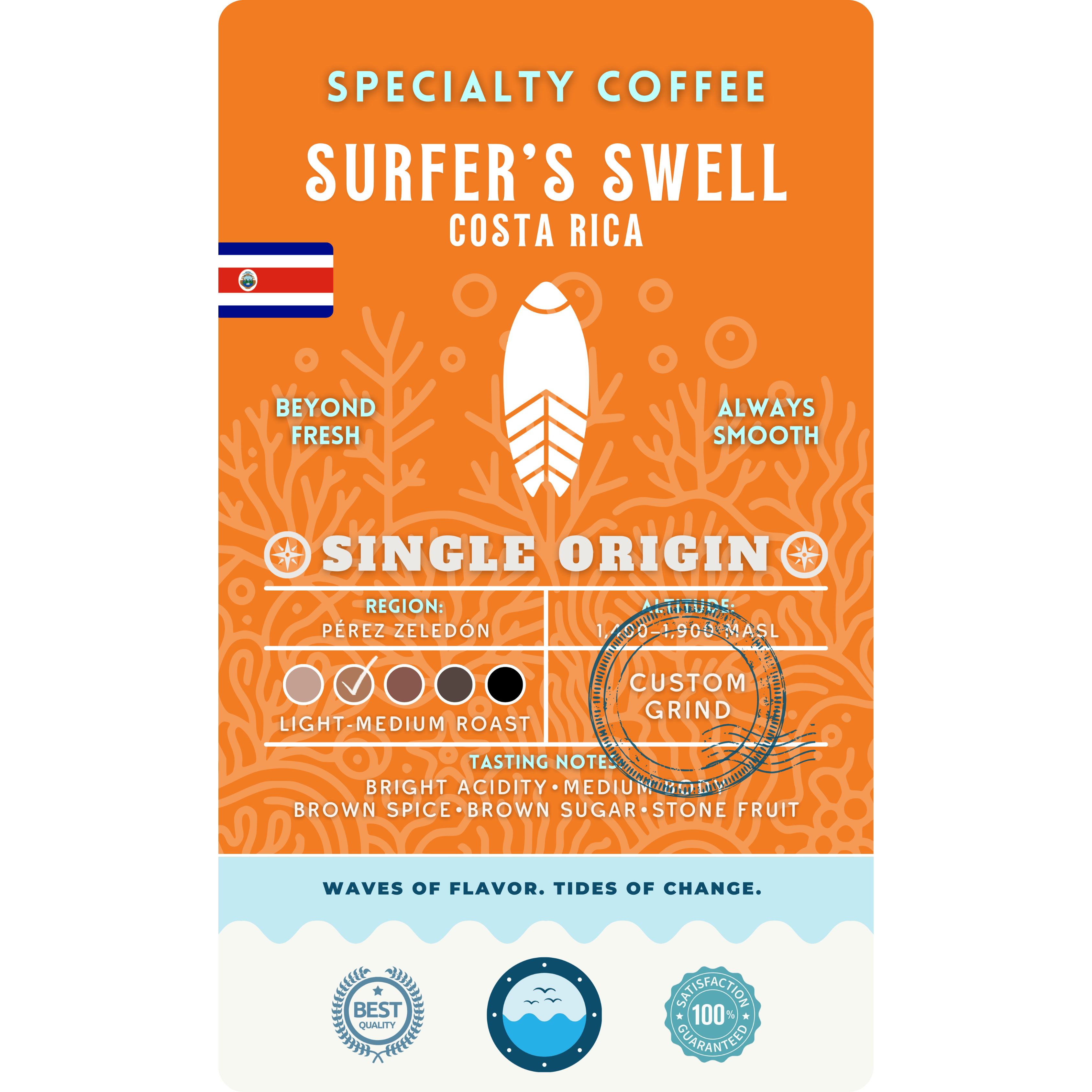 Product label for Wonder Waves Coffee Surfer's Swell Costa Rica Single Origin coffee from the Pérez Zeledón region. Altitude 1,400–1,900 MASL with tasting notes of brown sugar, stone fruit, and brown spice.