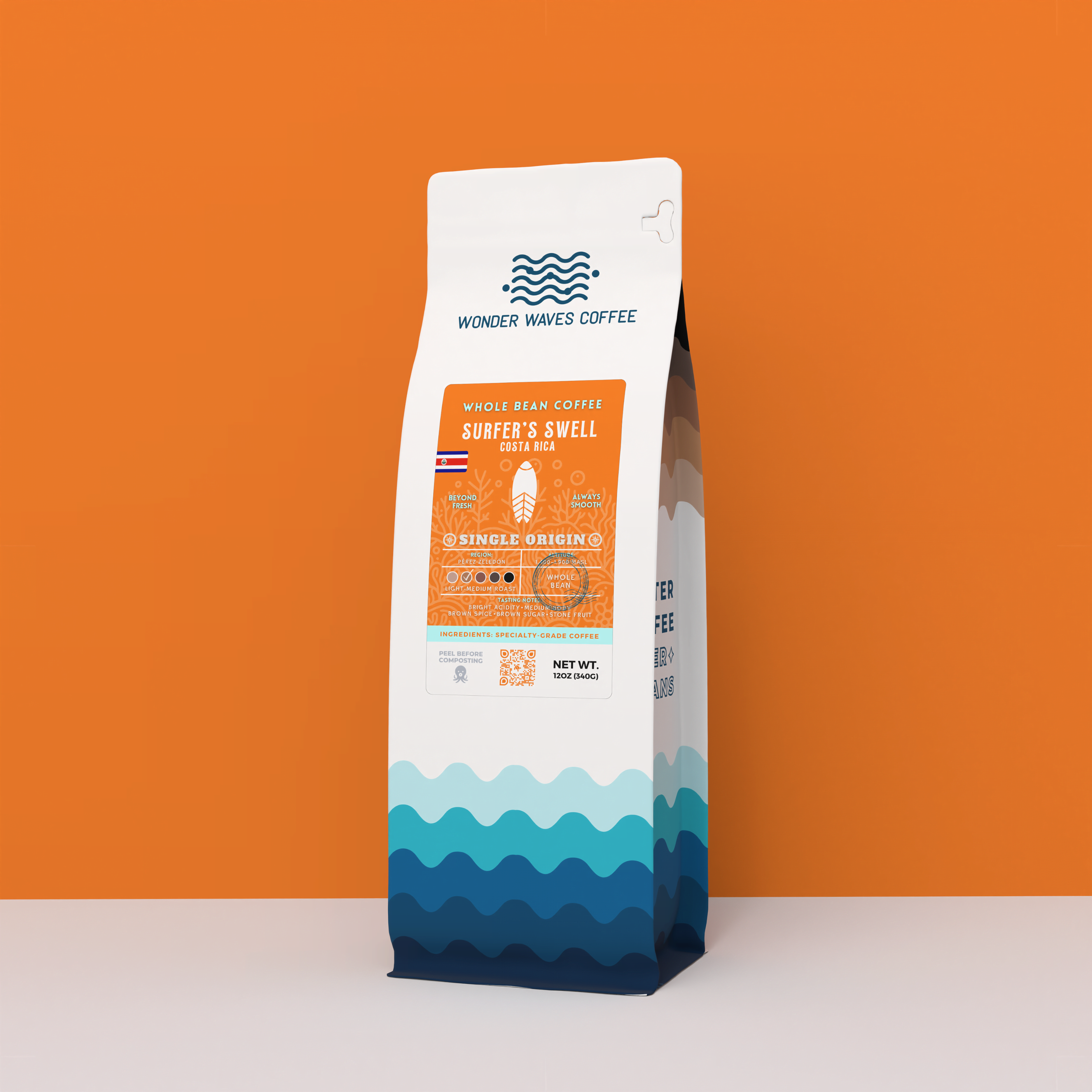 Wonder Waves Coffee Surfer's Swell Costa Rica 12oz bag. A single origin light-medium roast coffee featuring a bright orange ocean wave design and surfboard icon.