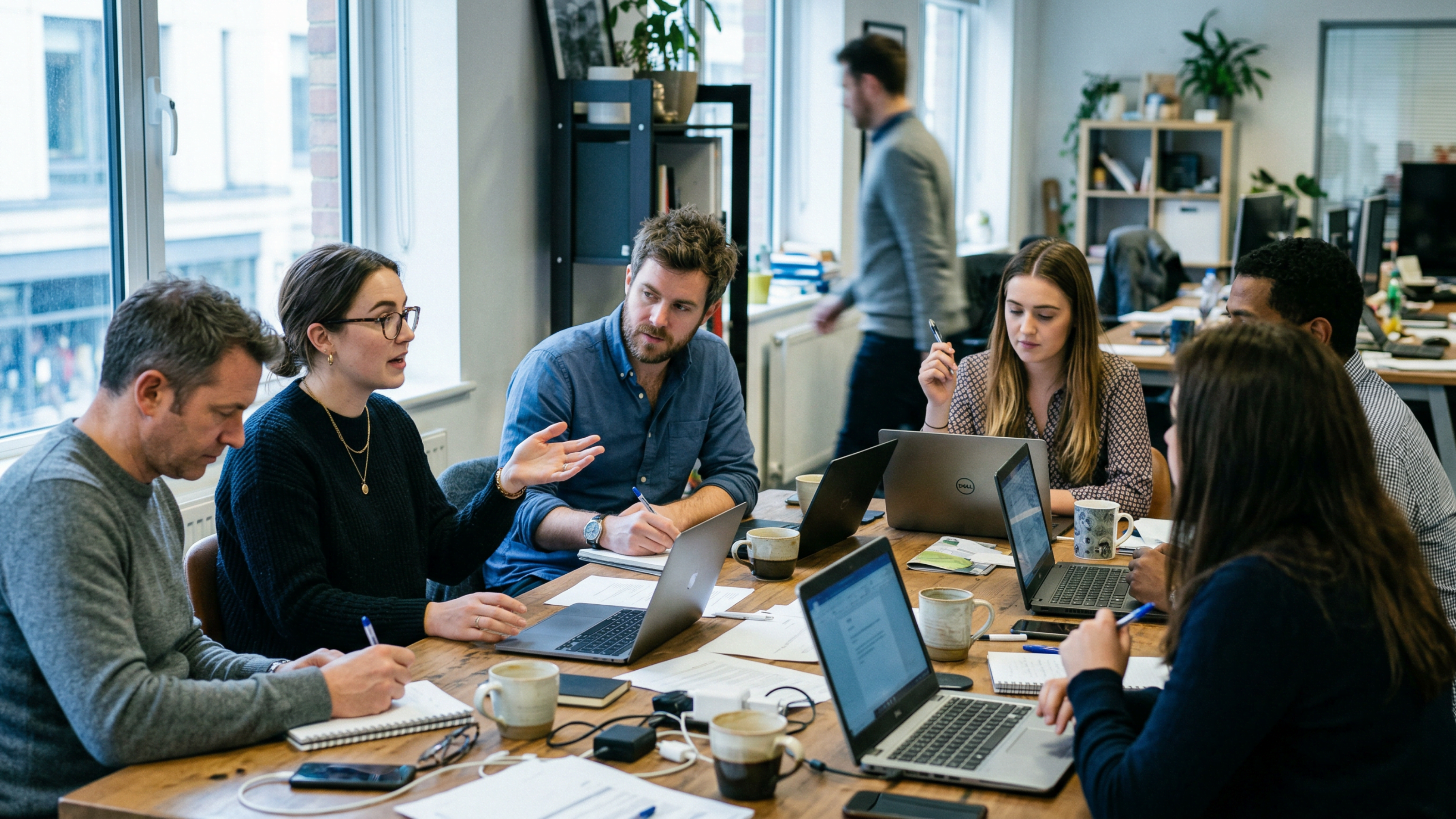 A diverse team of professionals engaged in a collaborative meeting around a wooden table with laptops and several mugs of coffee in a bright, modern office setting.