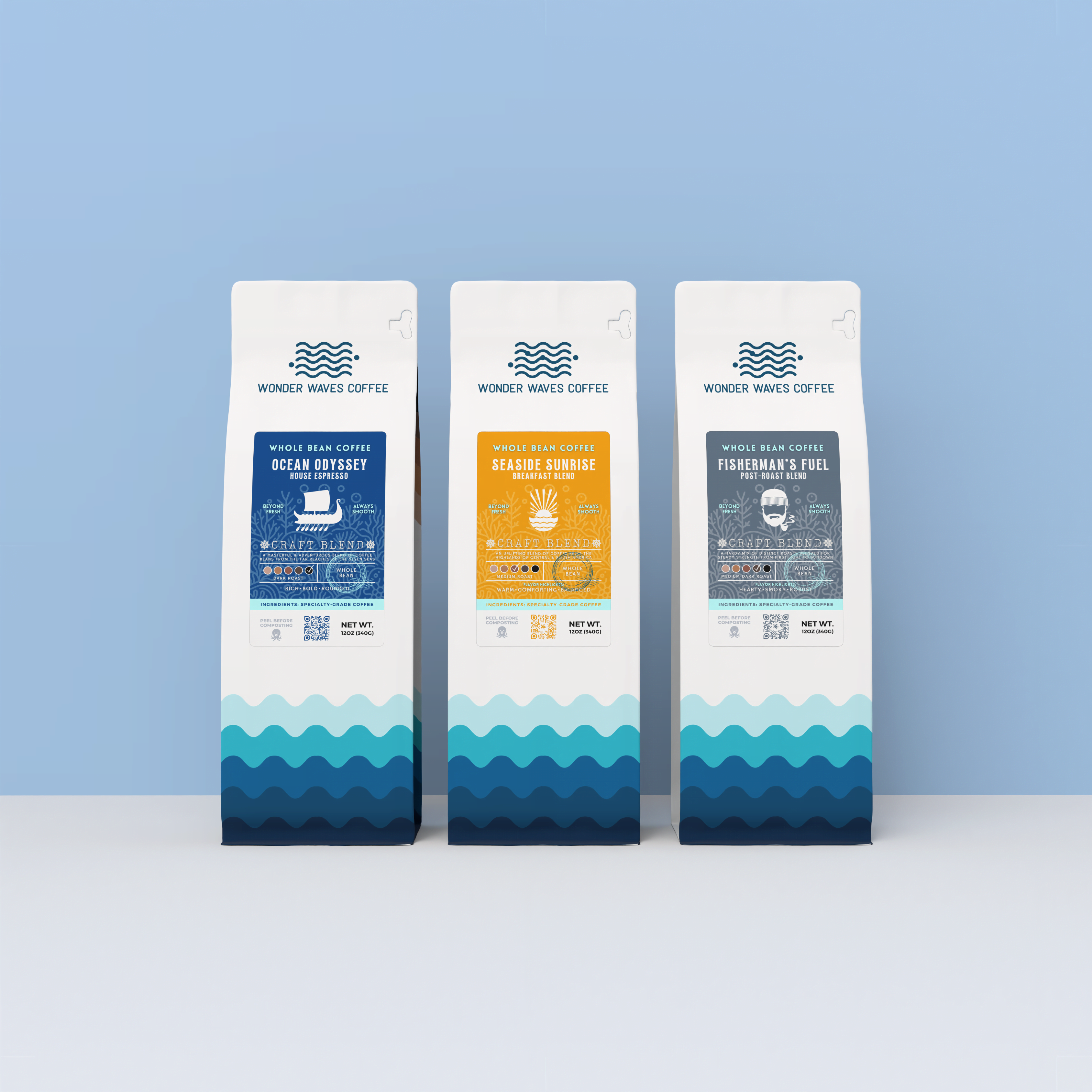 Three 12oz bags of Wonder Waves Coffee whole bean coffee bundle: Ocean Odyssey dark roast espresso, Seaside Sunrise medium roast breakfast blend, and Fisherman's Fuel medium-dark post-roast blend, each with wave-patterned packaging