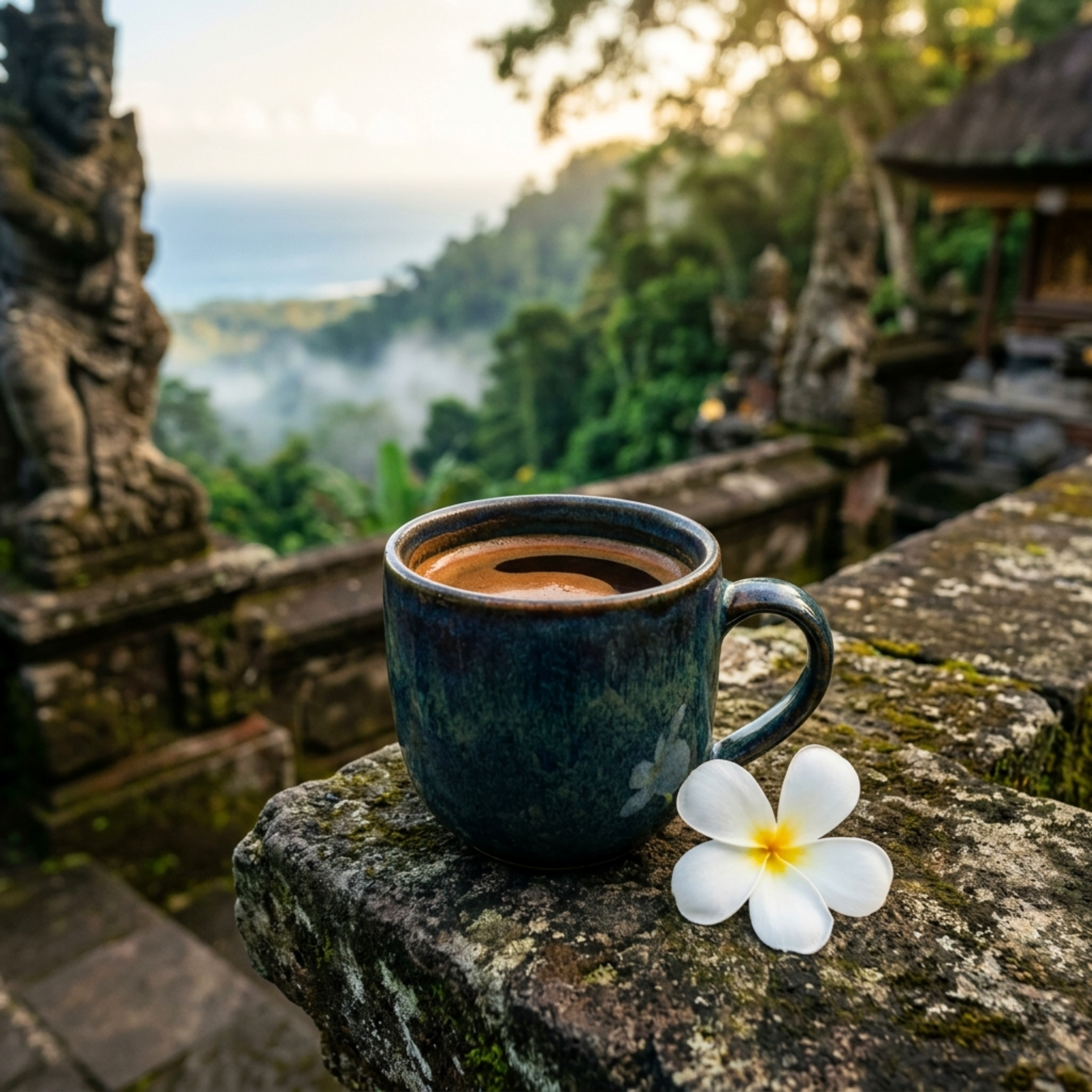 Coffee in a ceramic mug overlooking a lush Balinese landscape and temple, highlighting the rich, smooth and earthy profile of Wonder Waves Coffee Bali Blue Indonesian single origin coffee.
