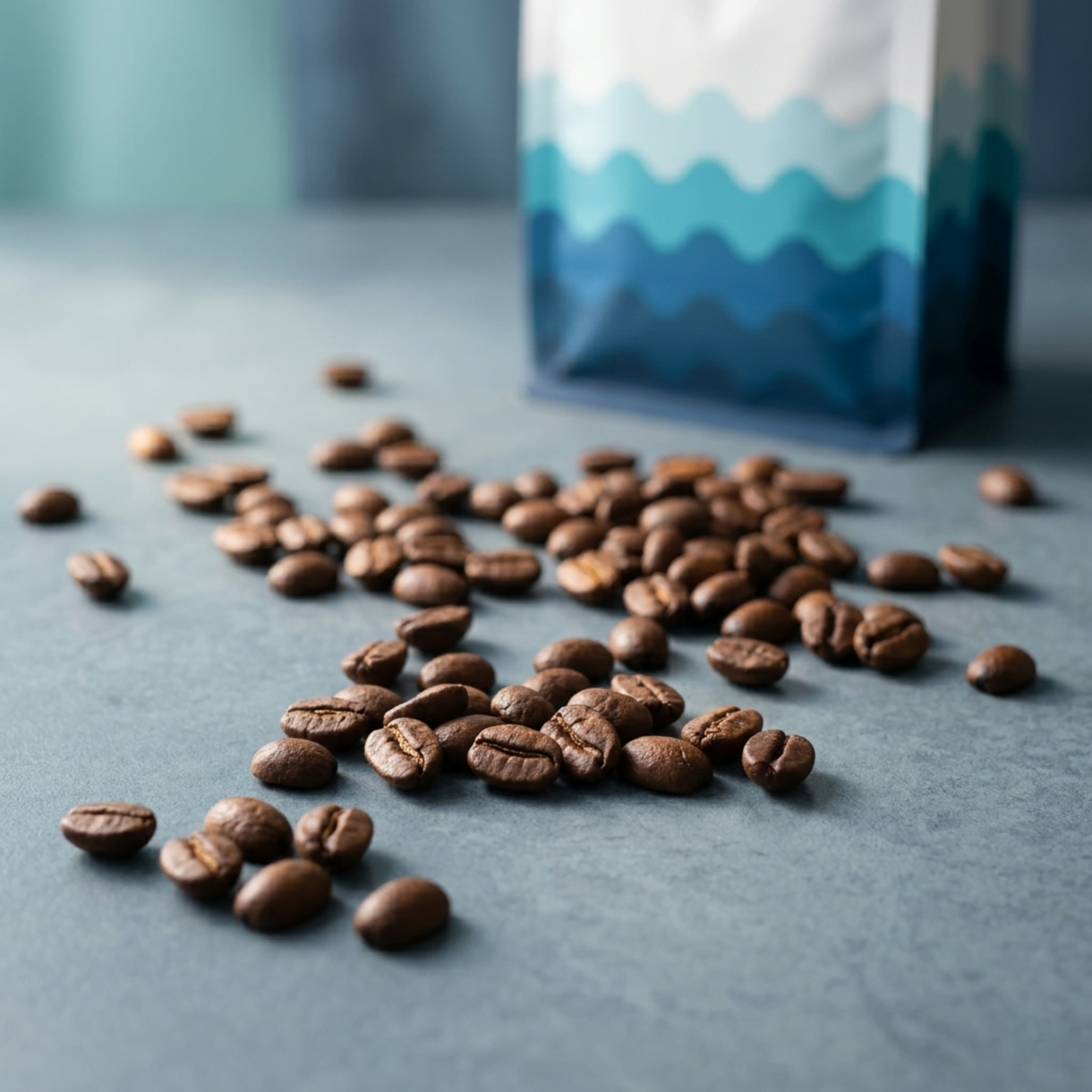 Specialty roasted coffee beans scattered on a slate surface with a Wonder Waves wave-design coffee bag in the background, representing Wonder Waves gift coffee subscriptions