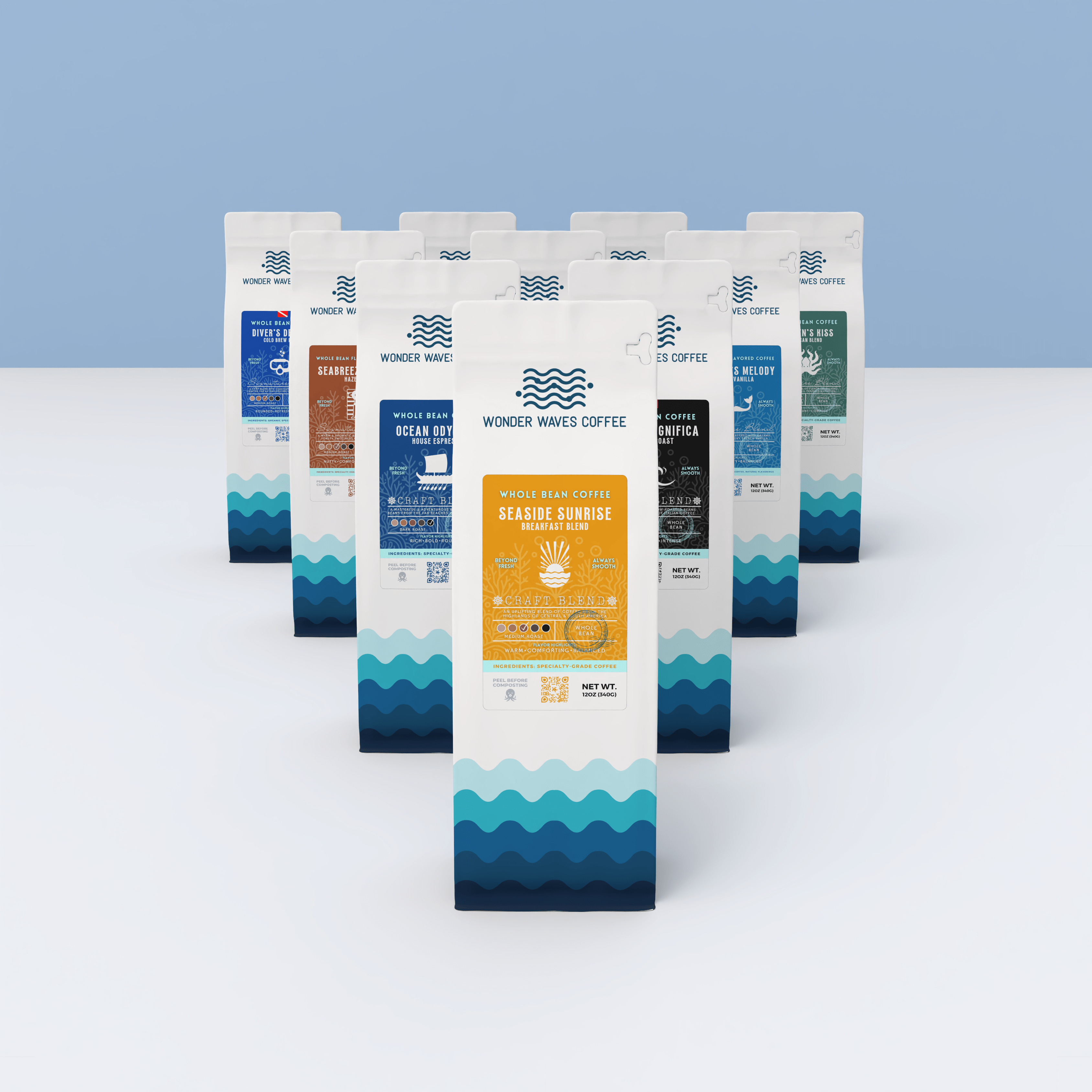 A lineup of Wonder Waves Coffee Craft and Signature Blend bags, featuring whole bean coffee against a sky blue background.