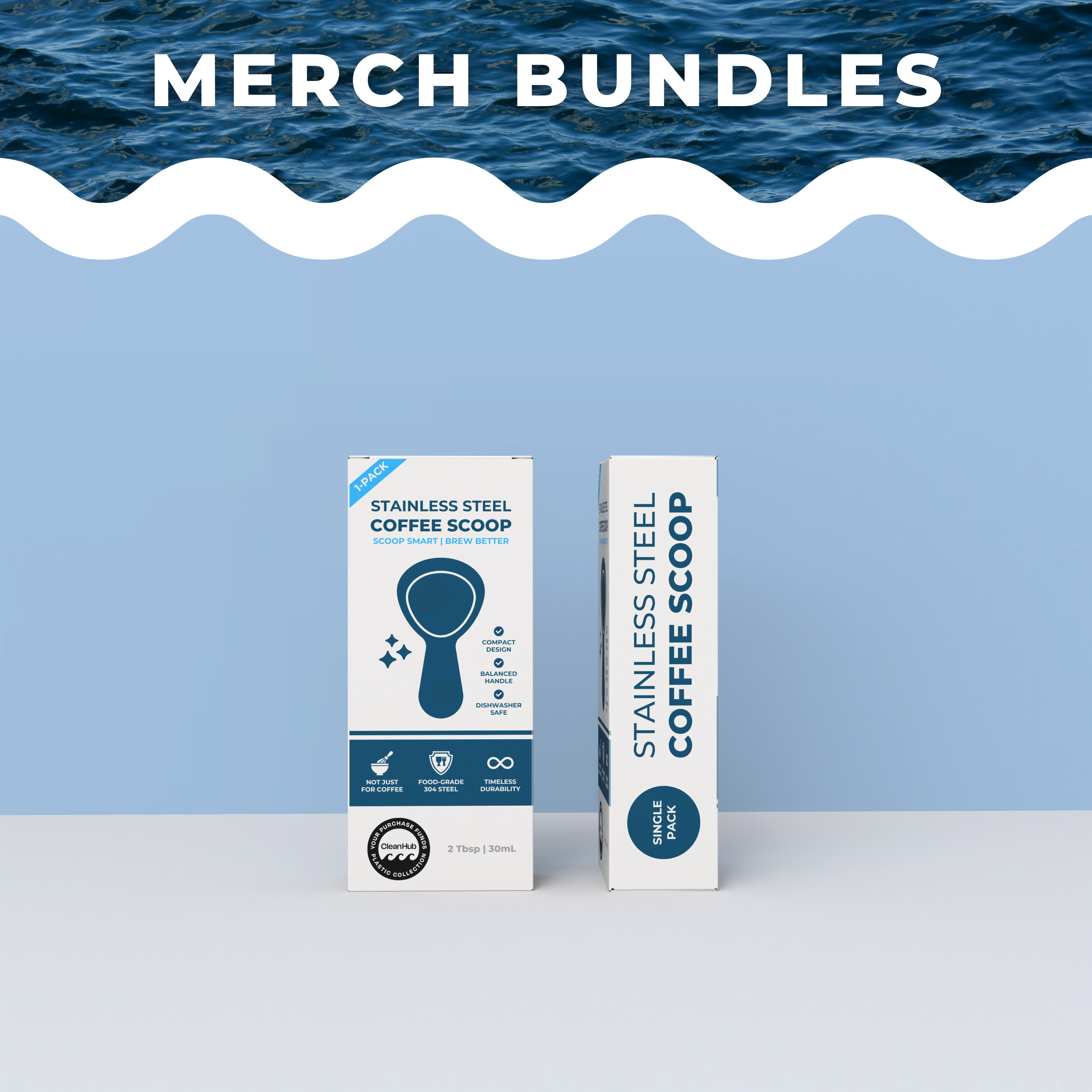 Wonder Waves Coffee stainless steel coffee scoop packaging on a light blue background with wave design and Merch Bundles text overlay