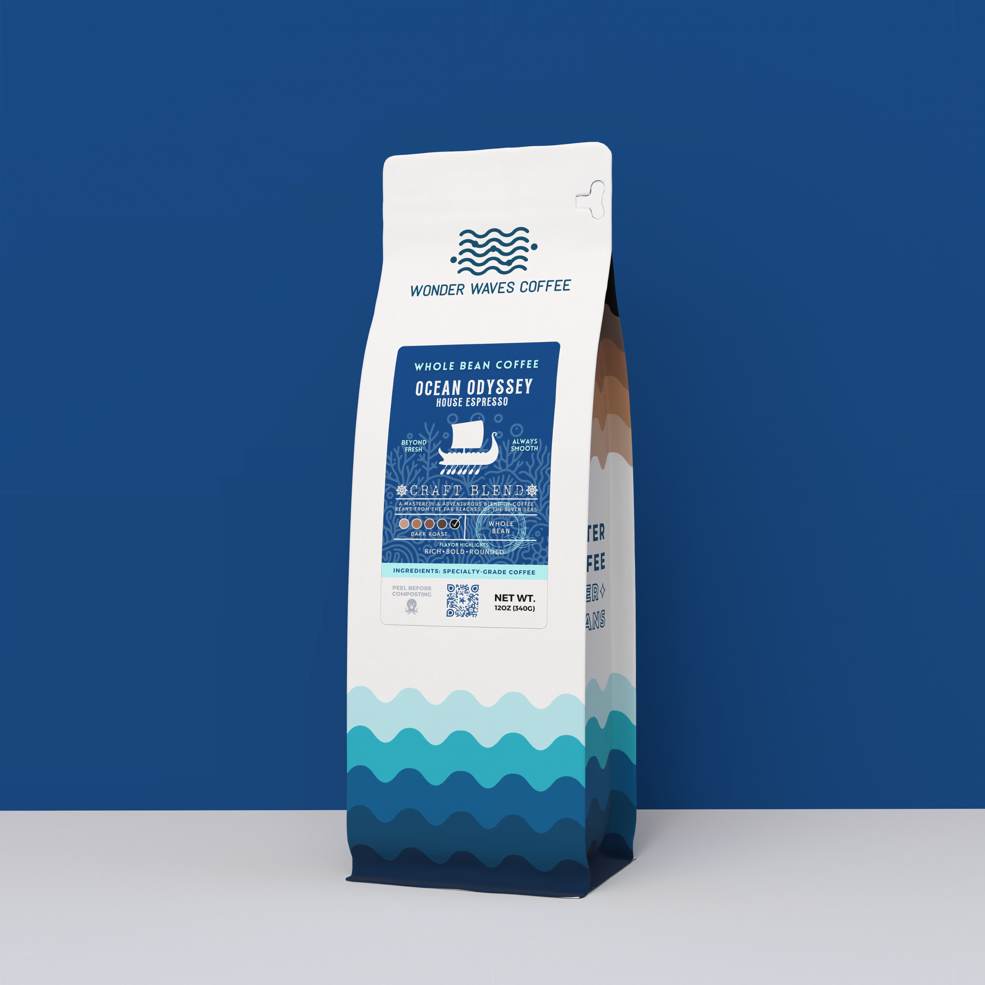 A professional 3D mockup of a 12oz bag of Wonder Waves Ocean Odyssey House Espresso. The white bag features a deep blue wave pattern at the bottom and a nautical-themed label with a Viking longship. Set against a high-contrast dark blue and white background, highlighting its specialty-grade dark roast profile.