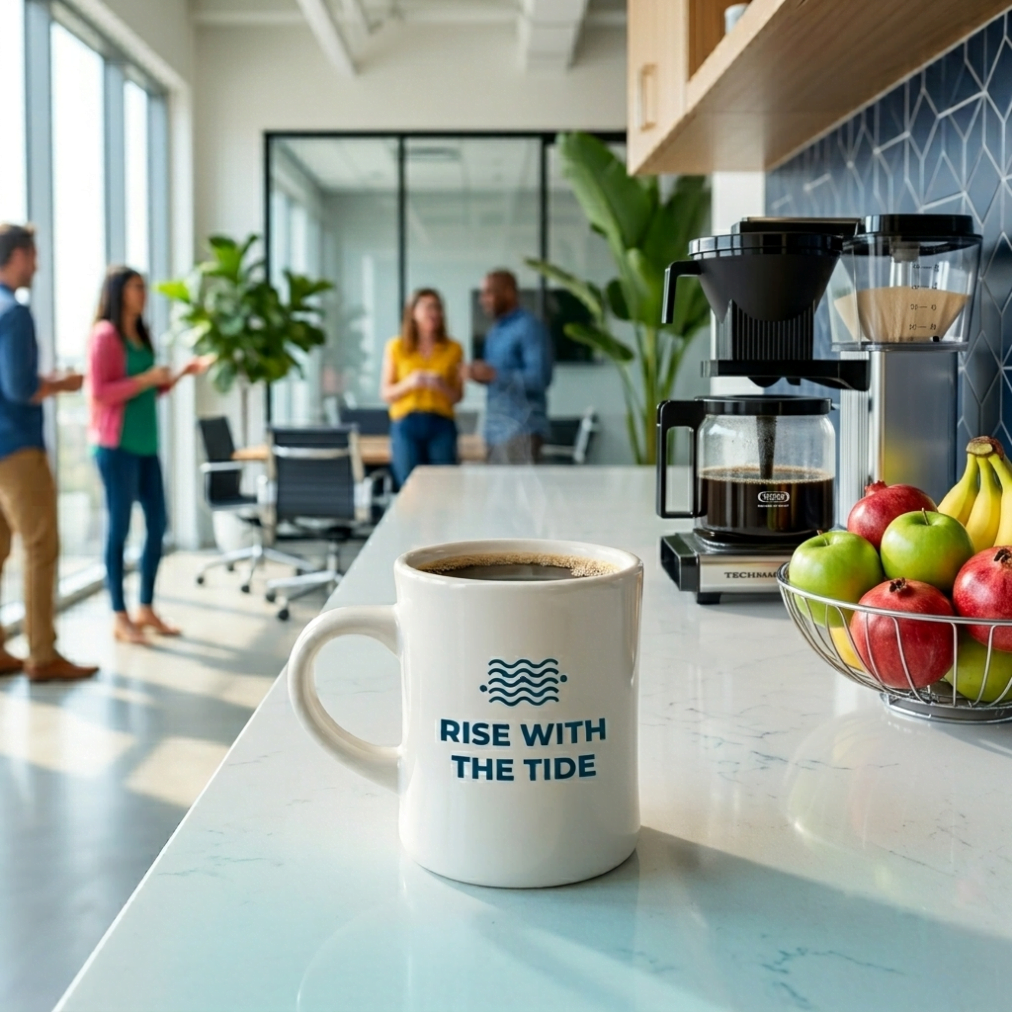 A steaming mug of Wonder Waves coffee on a white marble office kitchenette counter with a high-end Technivorm Moccamaster brewer and employees socializing in the background.