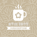 Cover image for the Office Coffee Subscription plan. The graphic features a white steaming coffee mug icon with a star in the center, set against a tan and beige coral reef pattern background. Text reads "OFFICE COFFEE" above a white ribbon banner that says "SUBSCRIPTION."