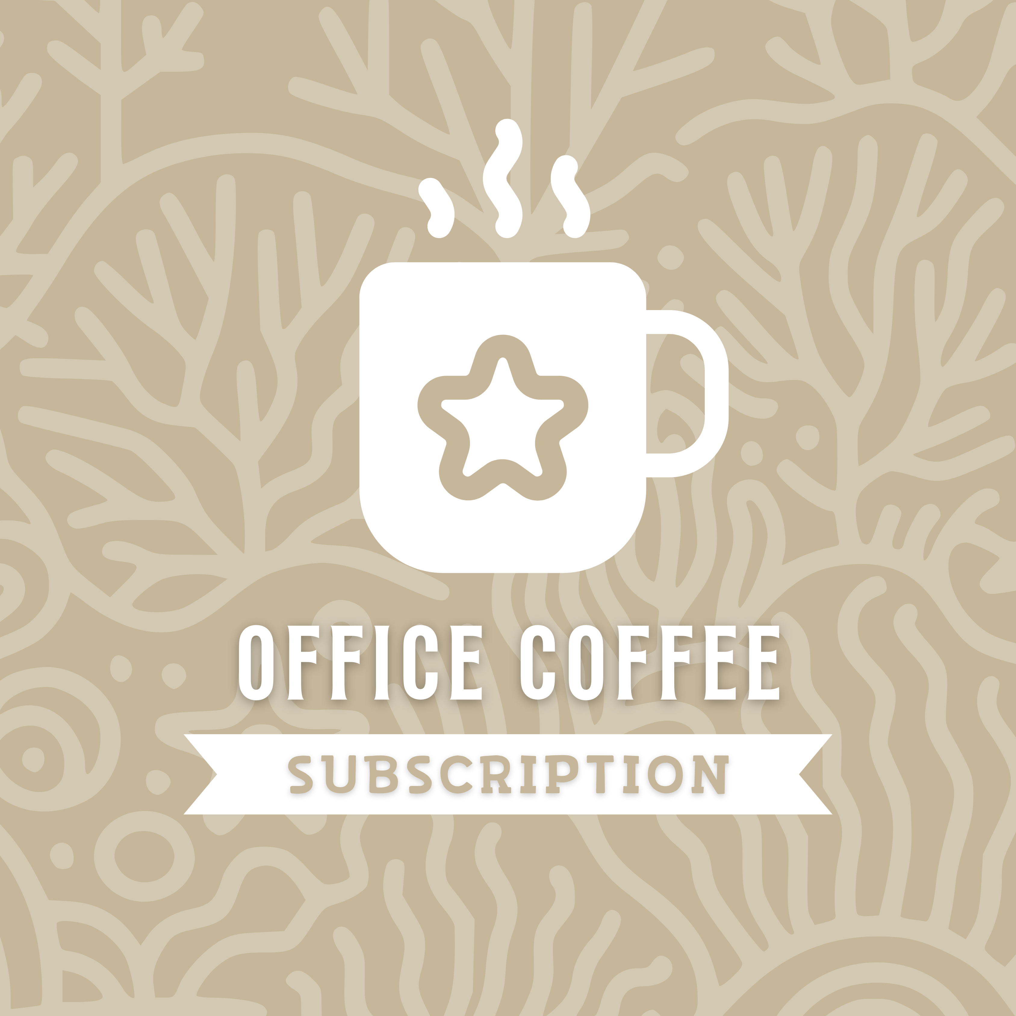 Cover image for the Office Coffee Subscription plan. The graphic features a white steaming coffee mug icon with a star in the center, set against a tan and beige coral reef pattern background. Text reads "OFFICE COFFEE" above a white ribbon banner that says "SUBSCRIPTION."