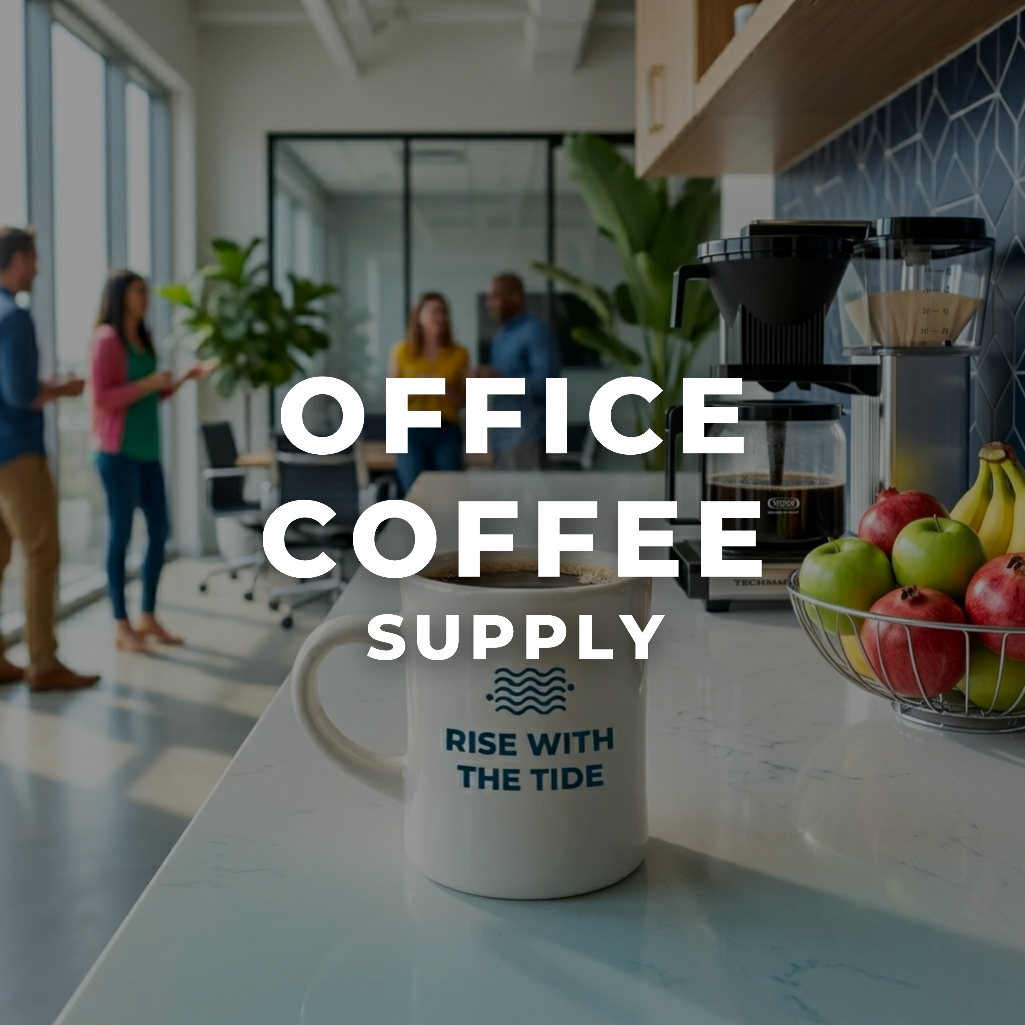 Wonder Waves Coffee Rise With The Tide ceramic mug on an office kitchen counter with a coffee brewer and colleagues in the background, representing the Wonder Waves office coffee supply collection