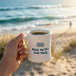 Hand holding a Wonder Waves Coffee Rise With The Tide white ceramic diner mug filled with black coffee on a sandy beach at golden hour with ocean waves in the background