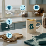 Wonder Waves Coffee Ollie the Octopus ceramic diner mug on a kitchen counter highlighting key features: sturdy design, thick rim, comfy grip, ideal capacity, and even heat retention