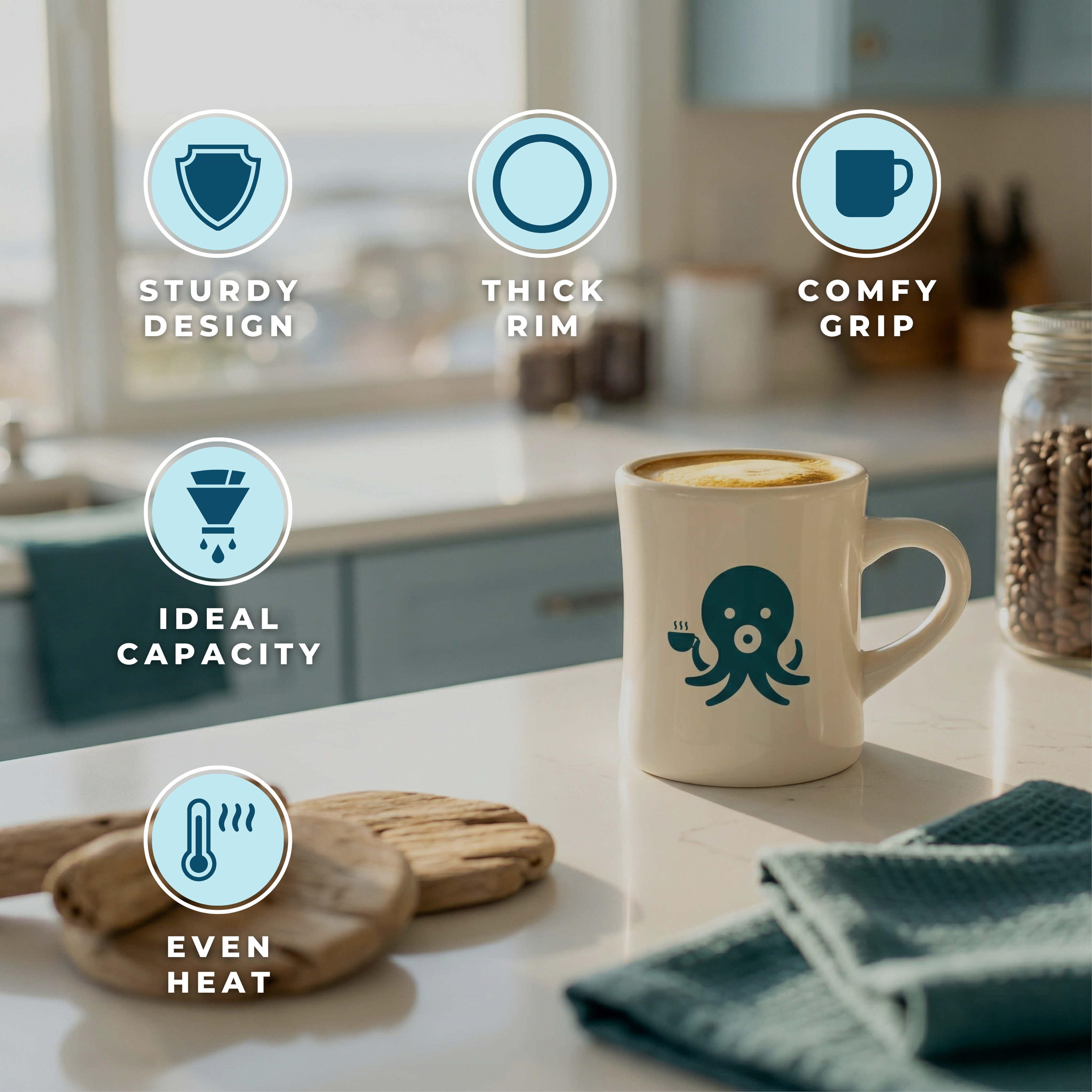 Wonder Waves Coffee Ollie the Octopus ceramic diner mug on a kitchen counter highlighting key features: sturdy design, thick rim, comfy grip, ideal capacity, and even heat retention