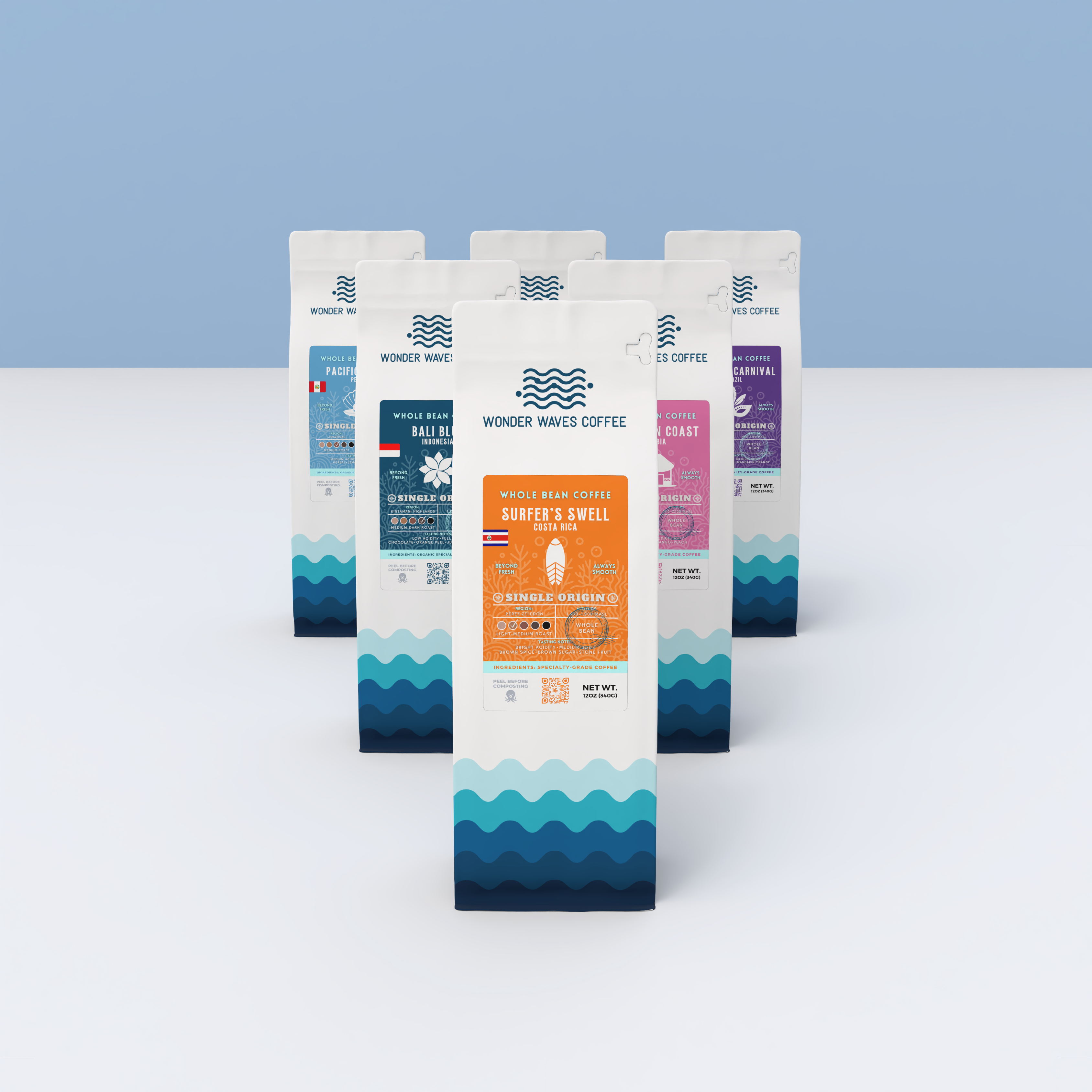 A lineup of Wonder Waves Coffee Single Origin coffee bags, showcasing whole bean coffee against a sky blue background.