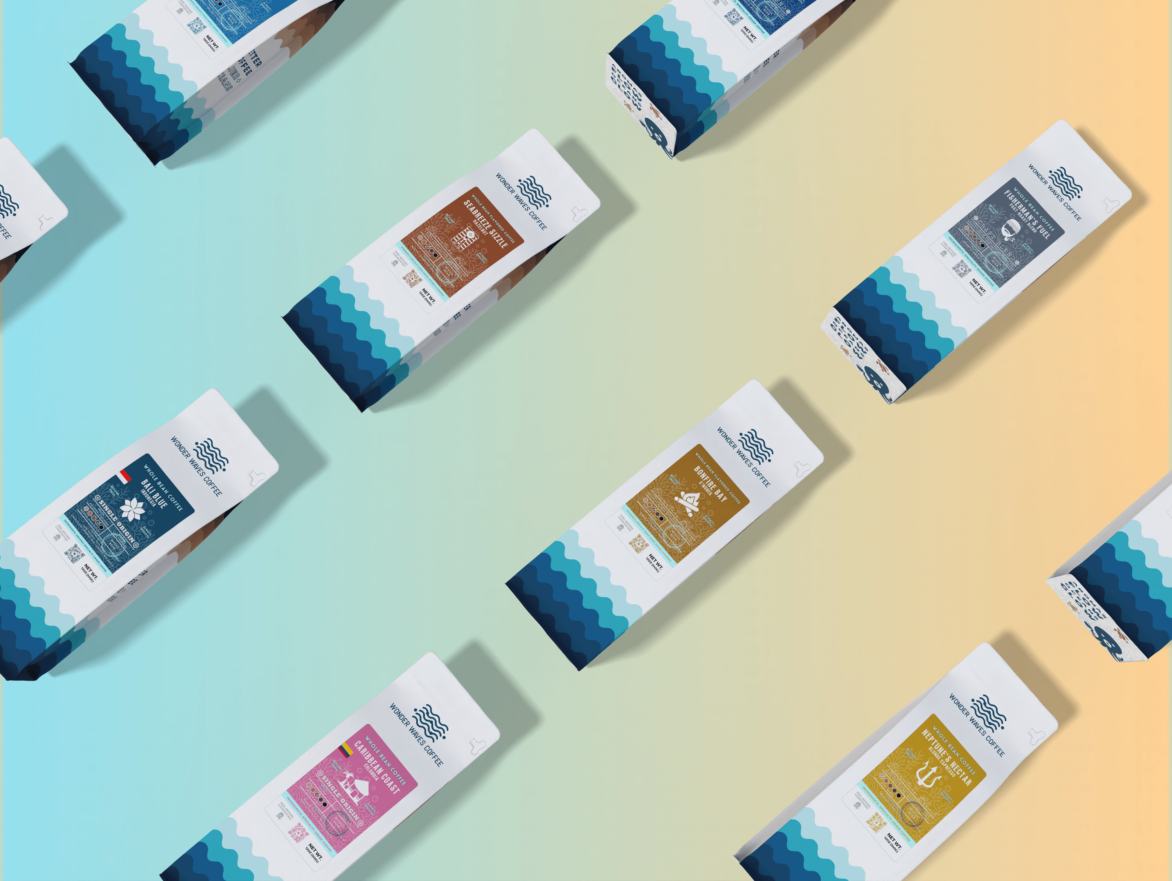 A colorful flat lay of Wonder Waves coffee bags, including Fisherman's Fuel and Neptune's Nectar, arranged on a blue and yellow gradient background.
