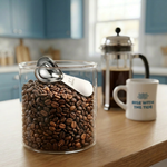 Wonder Waves stainless steel 2 tablespoon coffee scoop resting on a glass jar of whole bean coffee beside a French press and Rise With The Tide ceramic mug on a wooden kitchen counter