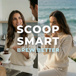 Split lifestyle image showing a woman scooping coffee grounds with a Wonder Waves stainless steel coffee scoop indoors and enjoying a cup of coffee by the ocean with scoop smart brew better text overlay