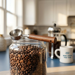 Wonder Waves Coffee walnut handle stainless steel coffee scoop resting on a glass jar of whole bean coffee beside a French press and Rise With The Tide ceramic mug in a bright coastal kitchen