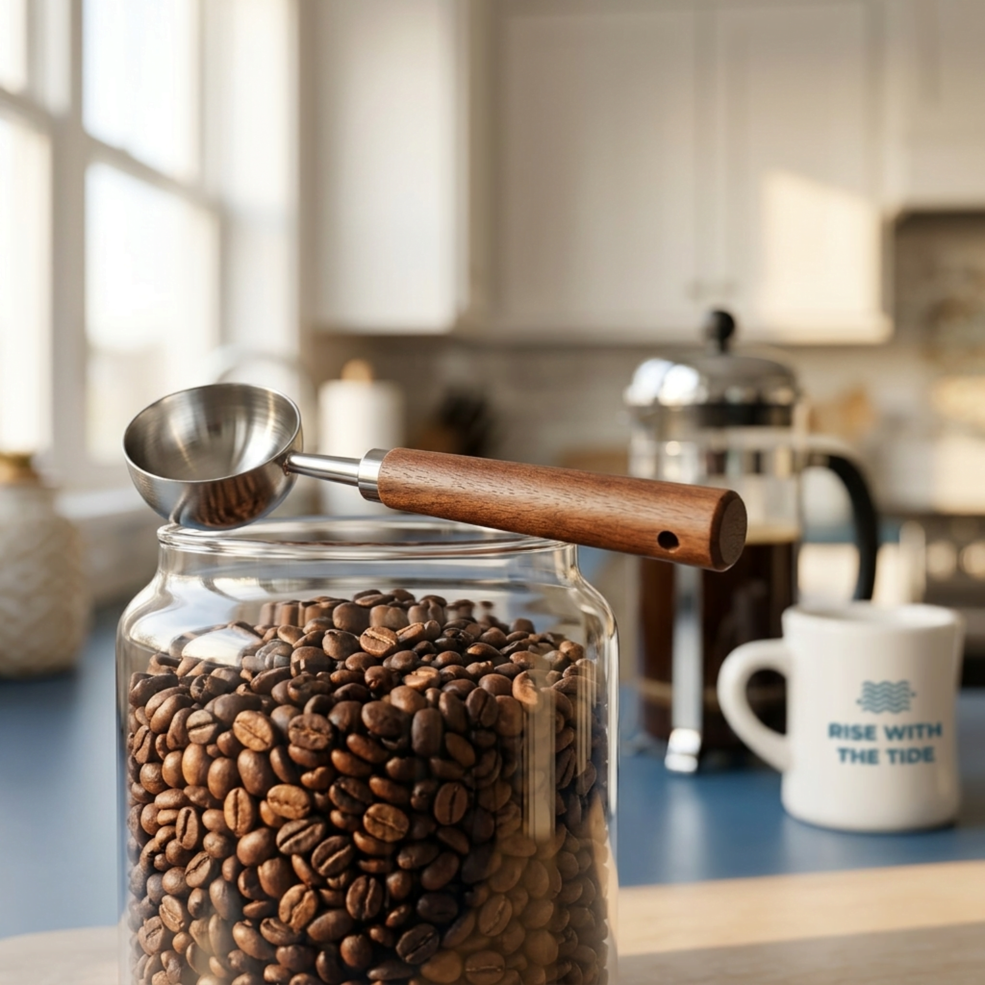 Wonder Waves Coffee walnut handle stainless steel coffee scoop resting on a glass jar of whole bean coffee beside a French press and Rise With The Tide ceramic mug in a bright coastal kitchen