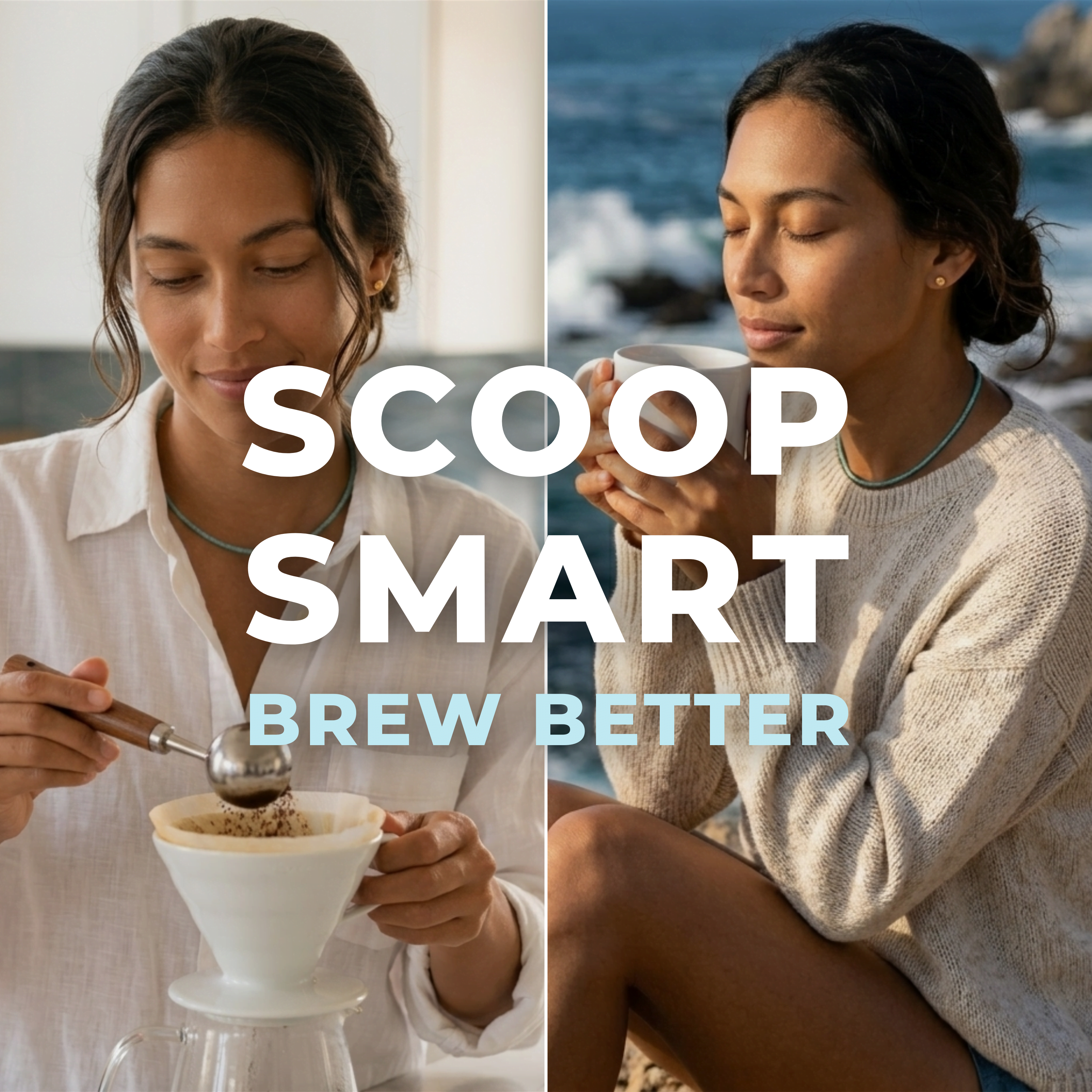 Split lifestyle image showing brand ambassador scooping coffee into a pour-over filter with the Wonder Waves Coffee walnut handle stainless steel coffee scoop indoors and enjoying a cup of coffee by the ocean with scoop smart brew better text overlay