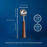 Wonder Waves Coffee walnut handle stainless steel coffee scoop dimensions infographic showing 172mm total length, 45mm scoop head, 127mm handle, 2 tablespoon 30ml volume and 1.9oz 54g weight