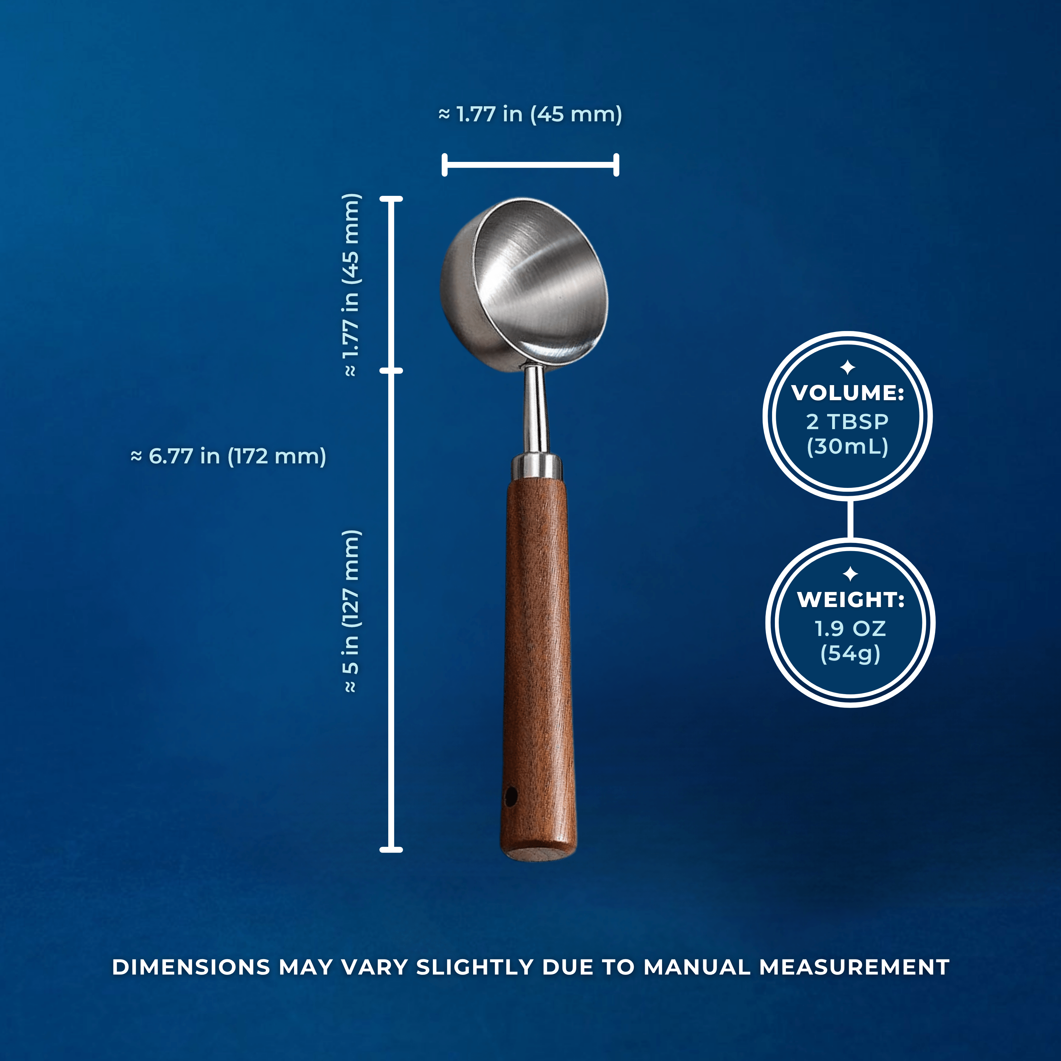 Wonder Waves Coffee walnut handle stainless steel coffee scoop dimensions infographic showing 172mm total length, 45mm scoop head, 127mm handle, 2 tablespoon 30ml volume and 1.9oz 54g weight