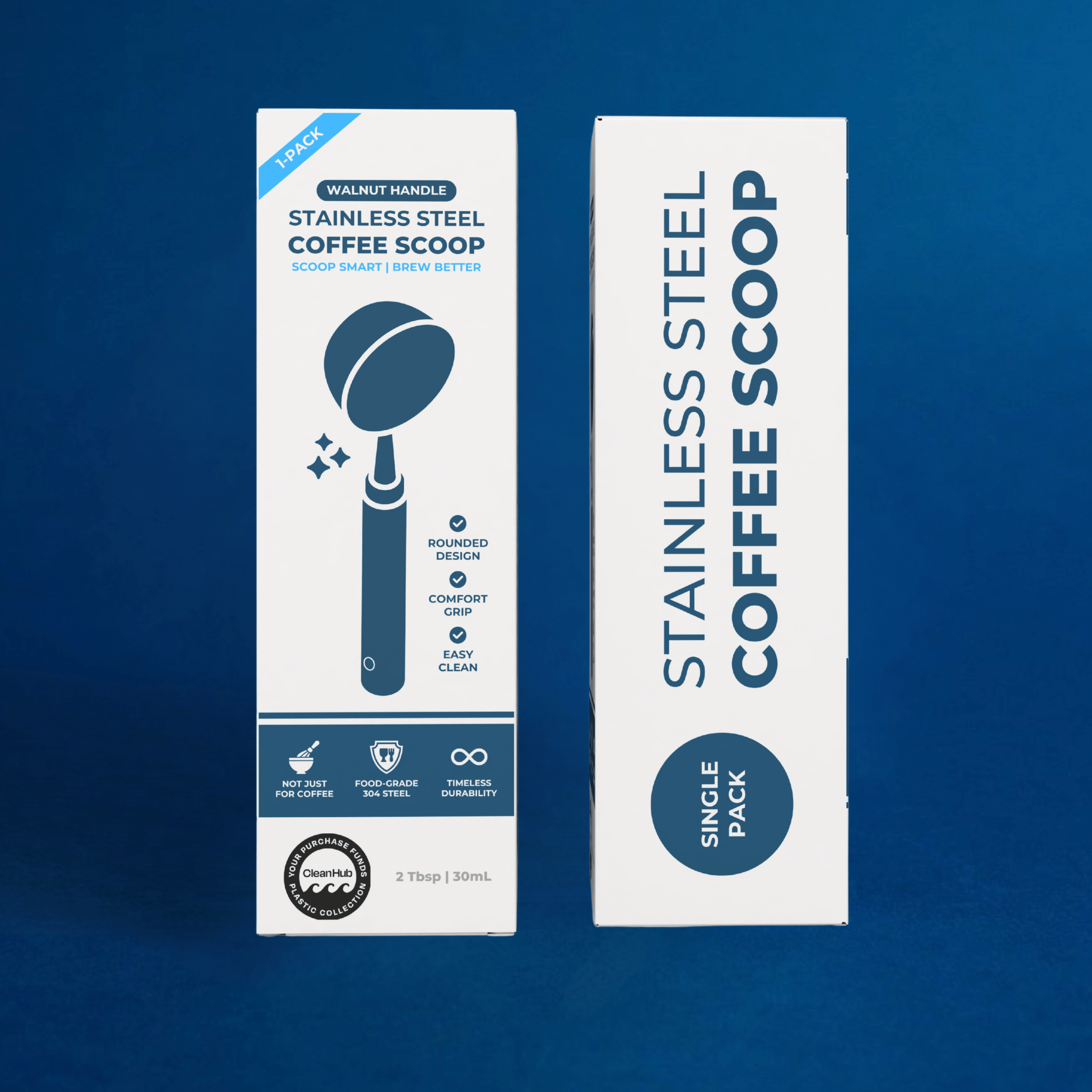 Wonder Waves Coffee walnut handle stainless steel coffee scoop 1-pack packaging showing front and side panels with scoop smart brew better tagline and CleanHub badge on a navy background