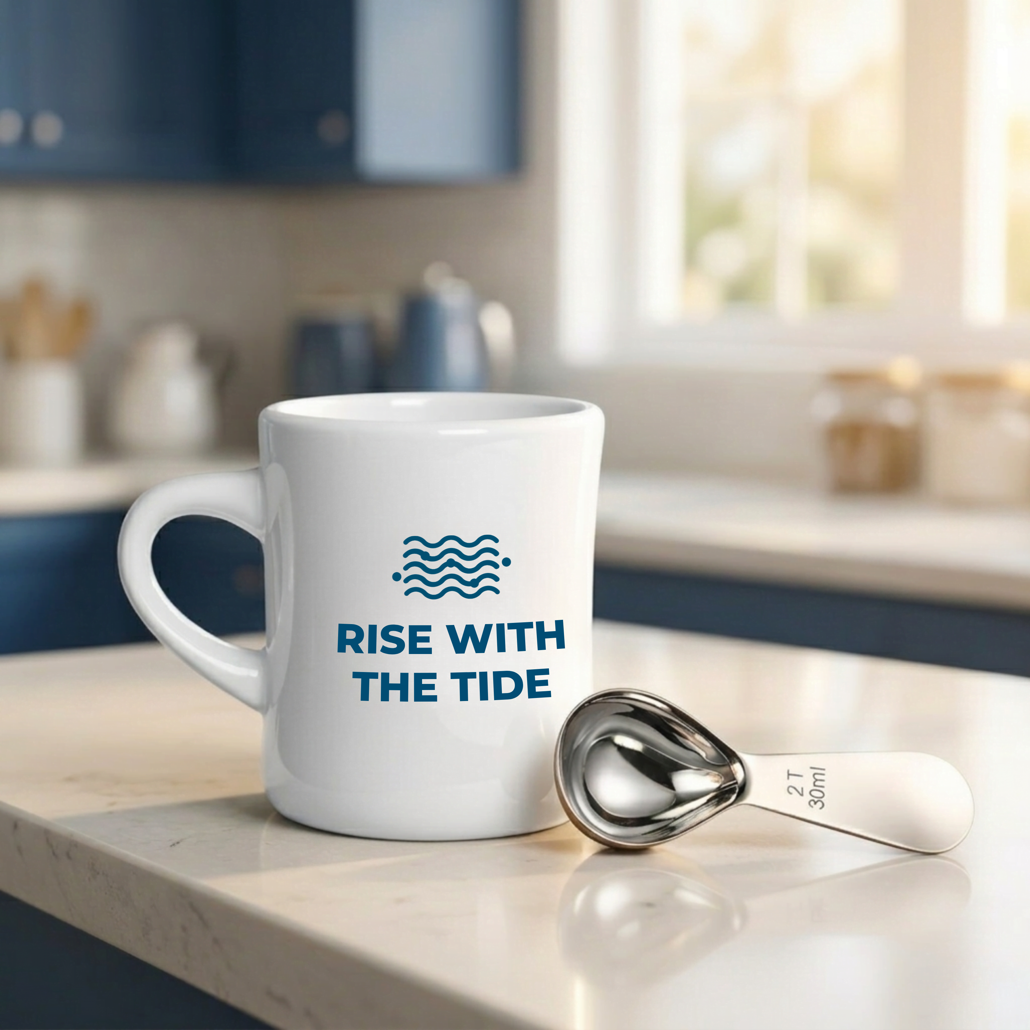 A premium Wonder Waves white ceramic mug featuring the blue 'Rise with the Tide' logo sitting on a modern kitchen counter. Next to the mug is a professional stainless steel coffee measuring scoop, showcasing a clean and minimalist morning brewing ritual.